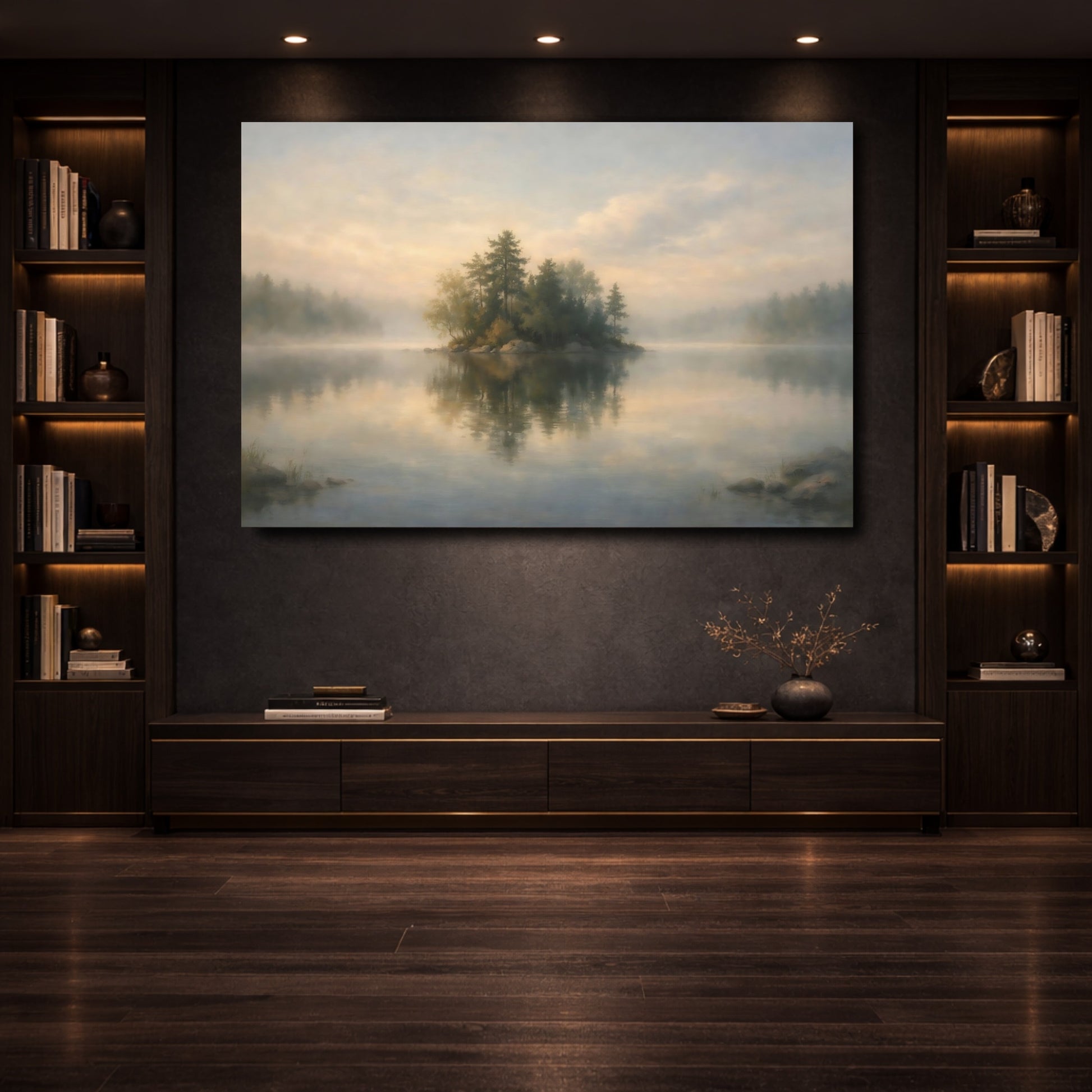 Mockup 3. Nature Lake Island Misty Lake Landscape shown as stretched canvas wall art