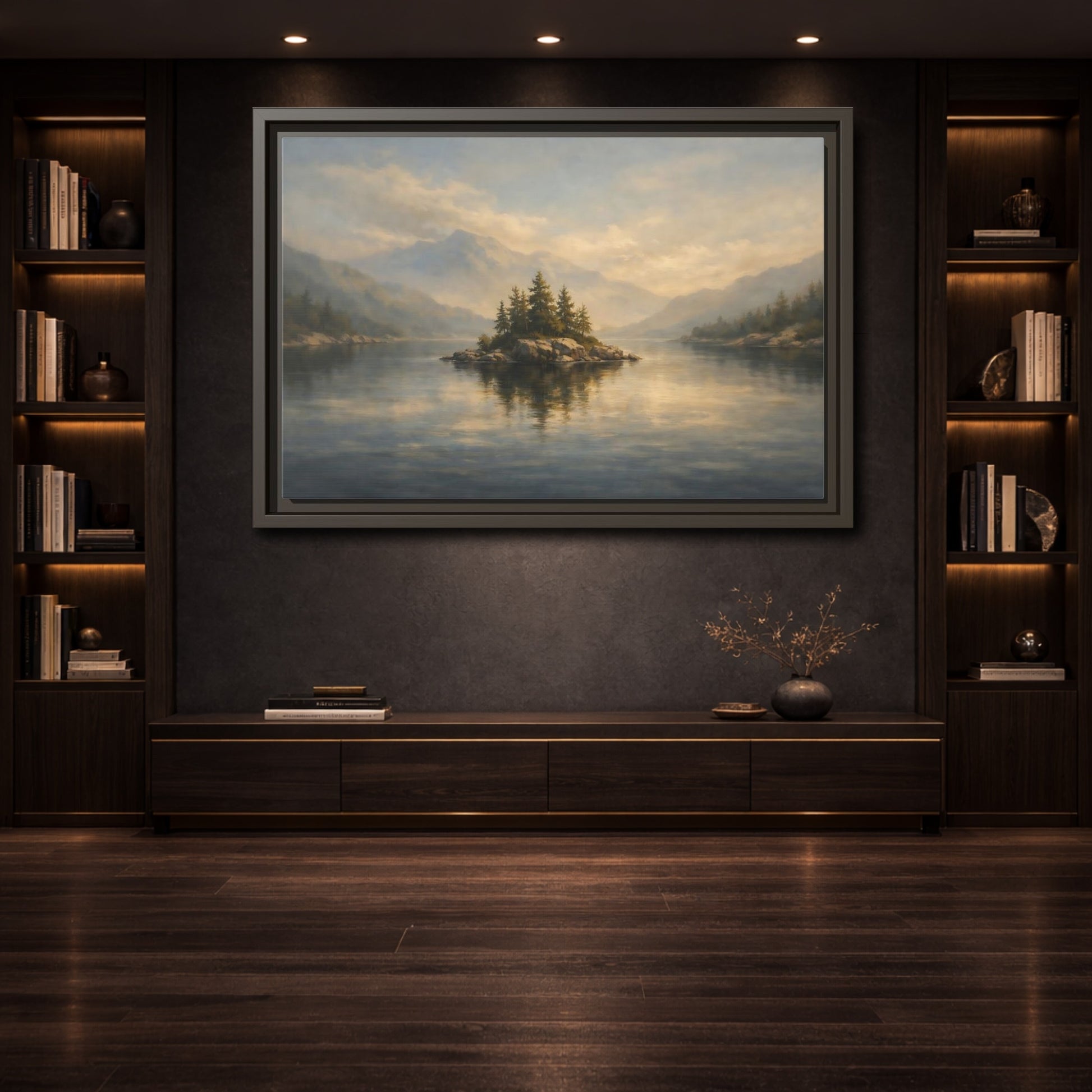 Mockup 3. Nature Lake Island Misty Lake Landscape shown as stretched canvas wall art