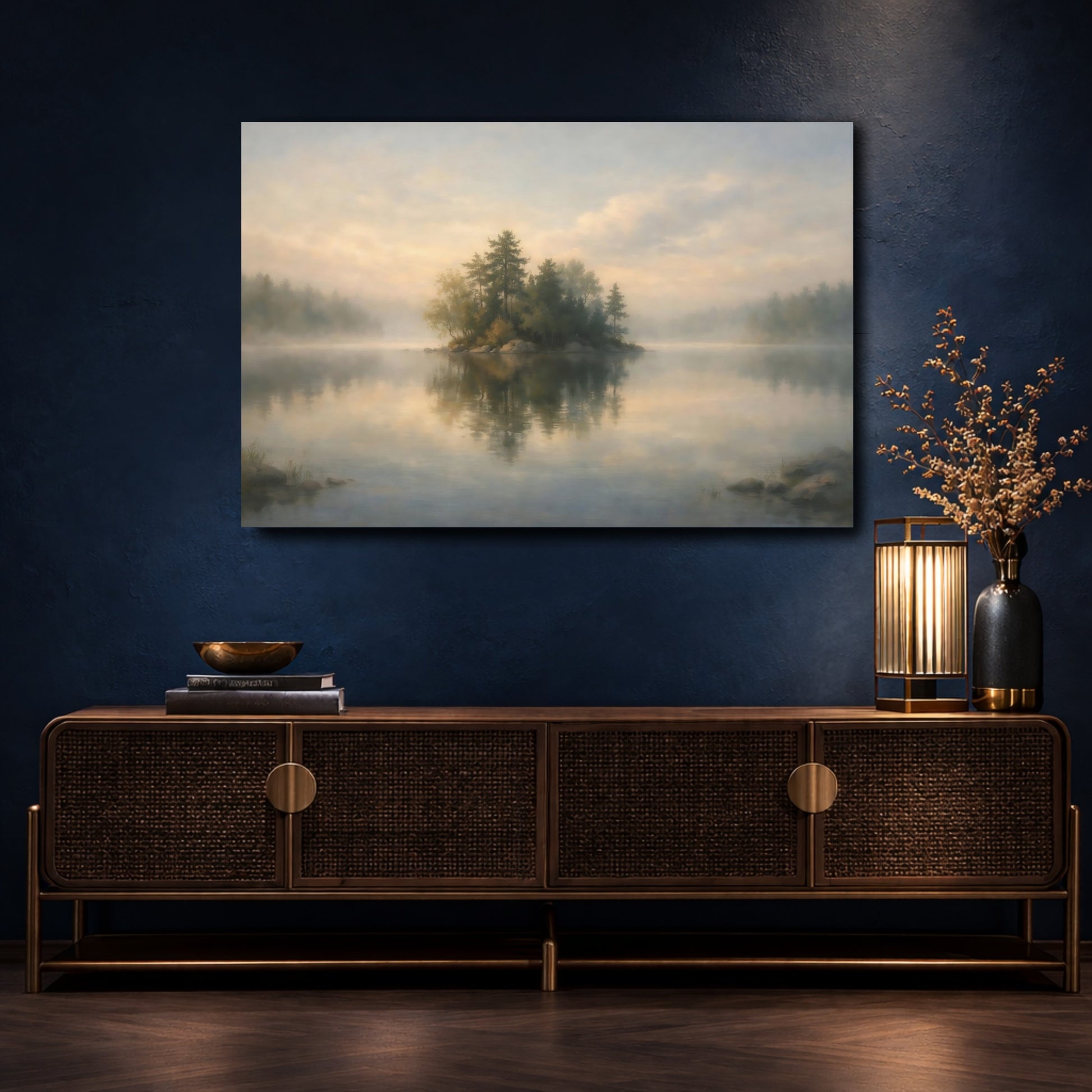 Mockup 4. Nature Lake Island Misty Lake Landscape shown as stretched canvas wall art
