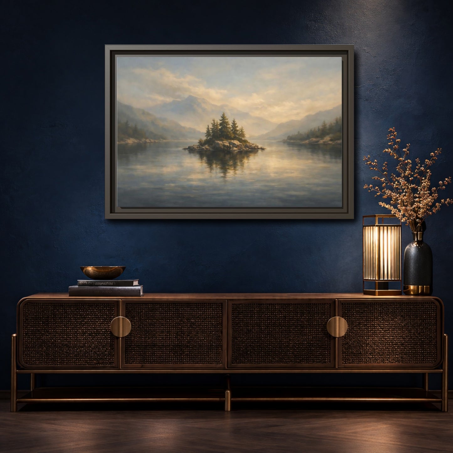 Mockup 4. Nature Lake Island Misty Lake Landscape shown as stretched canvas wall art