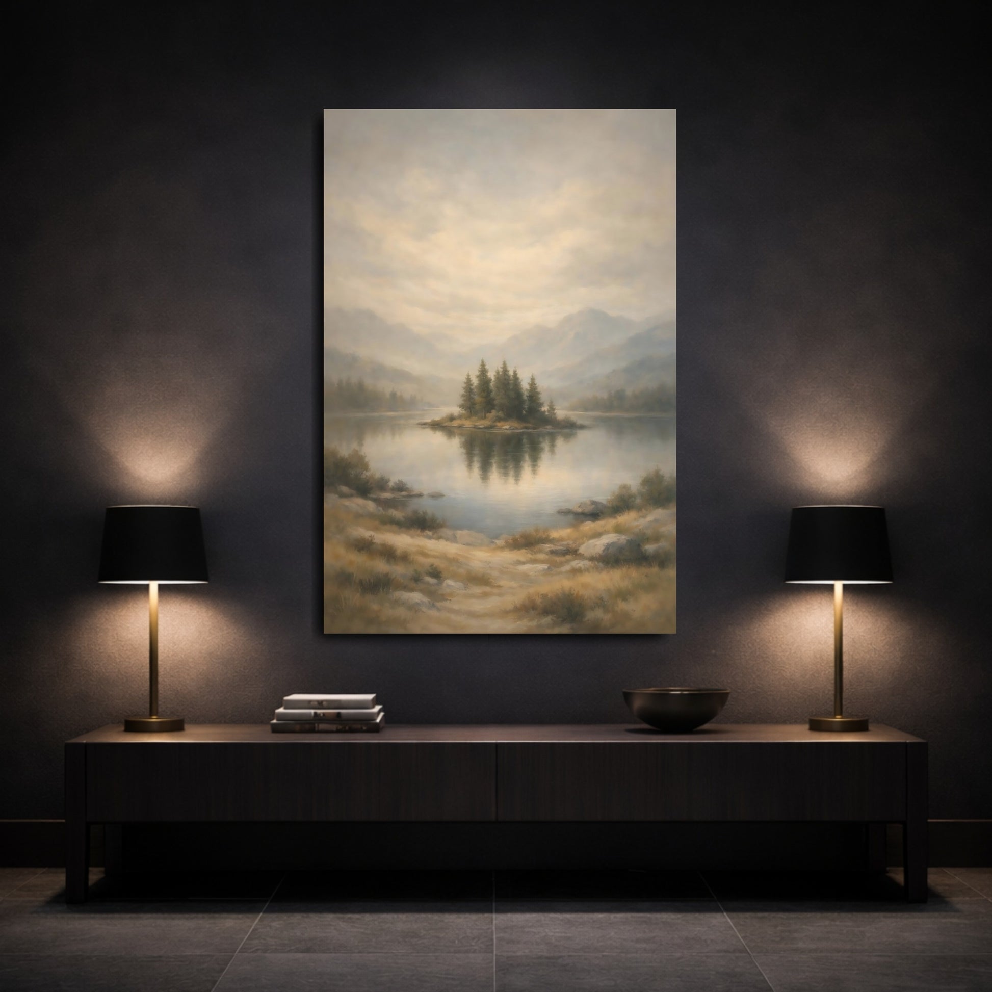 Mockup 2. Nature Lake Island Misty Lake shown as stretched canvas wall art