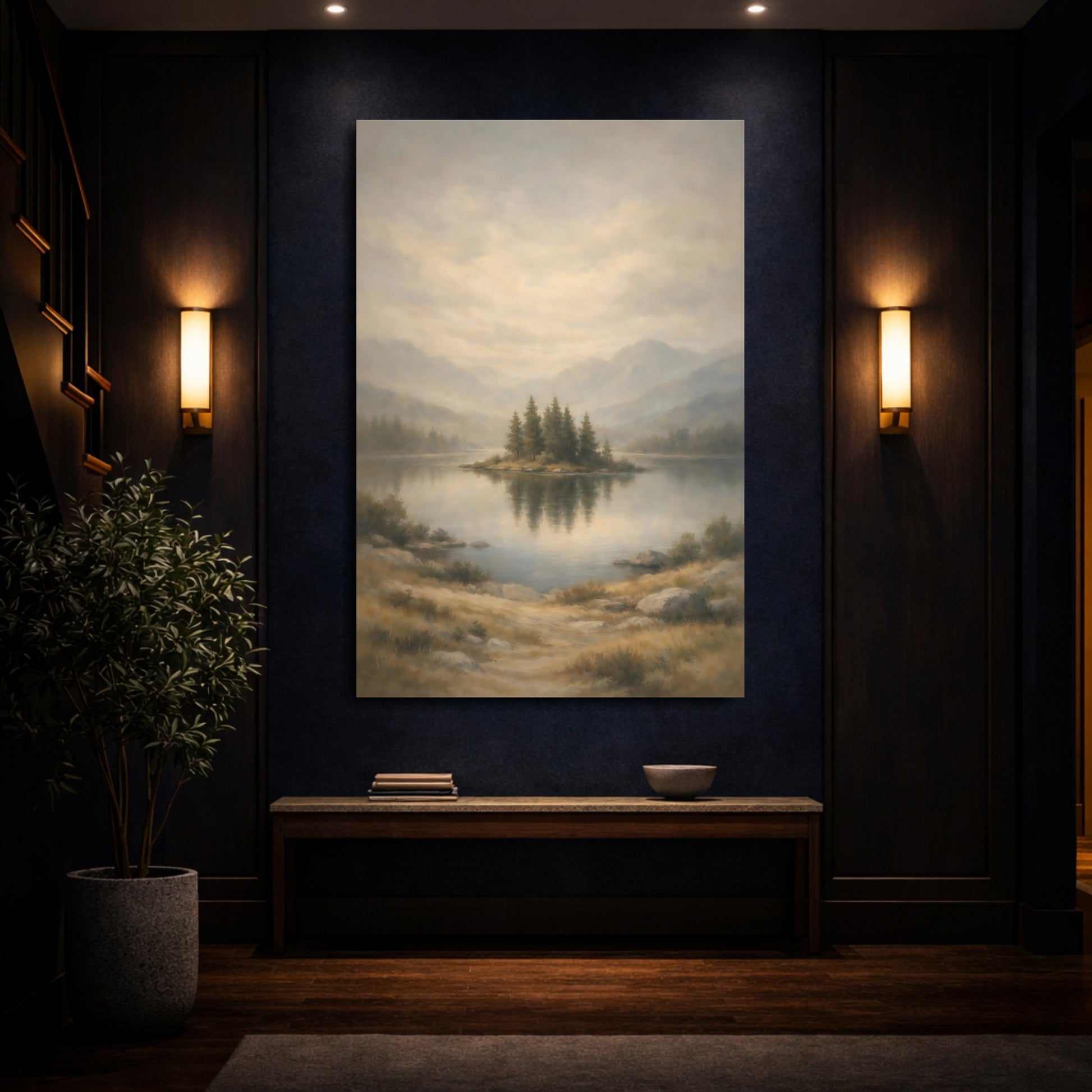 Mockup 3. Nature Lake Island Misty Lake shown as stretched canvas wall art