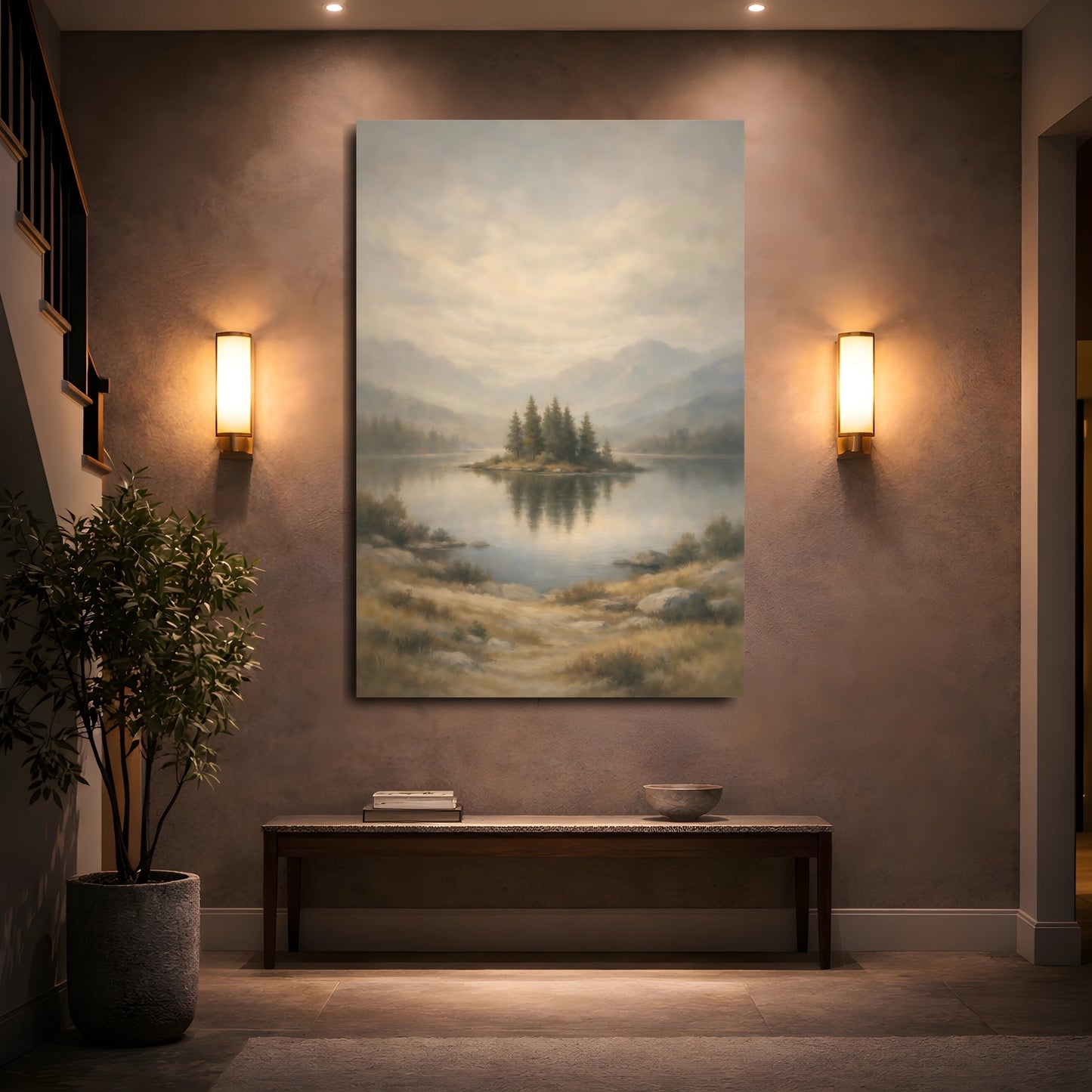 Mockup 4. Nature Lake Island Misty Lake shown as stretched canvas wall art