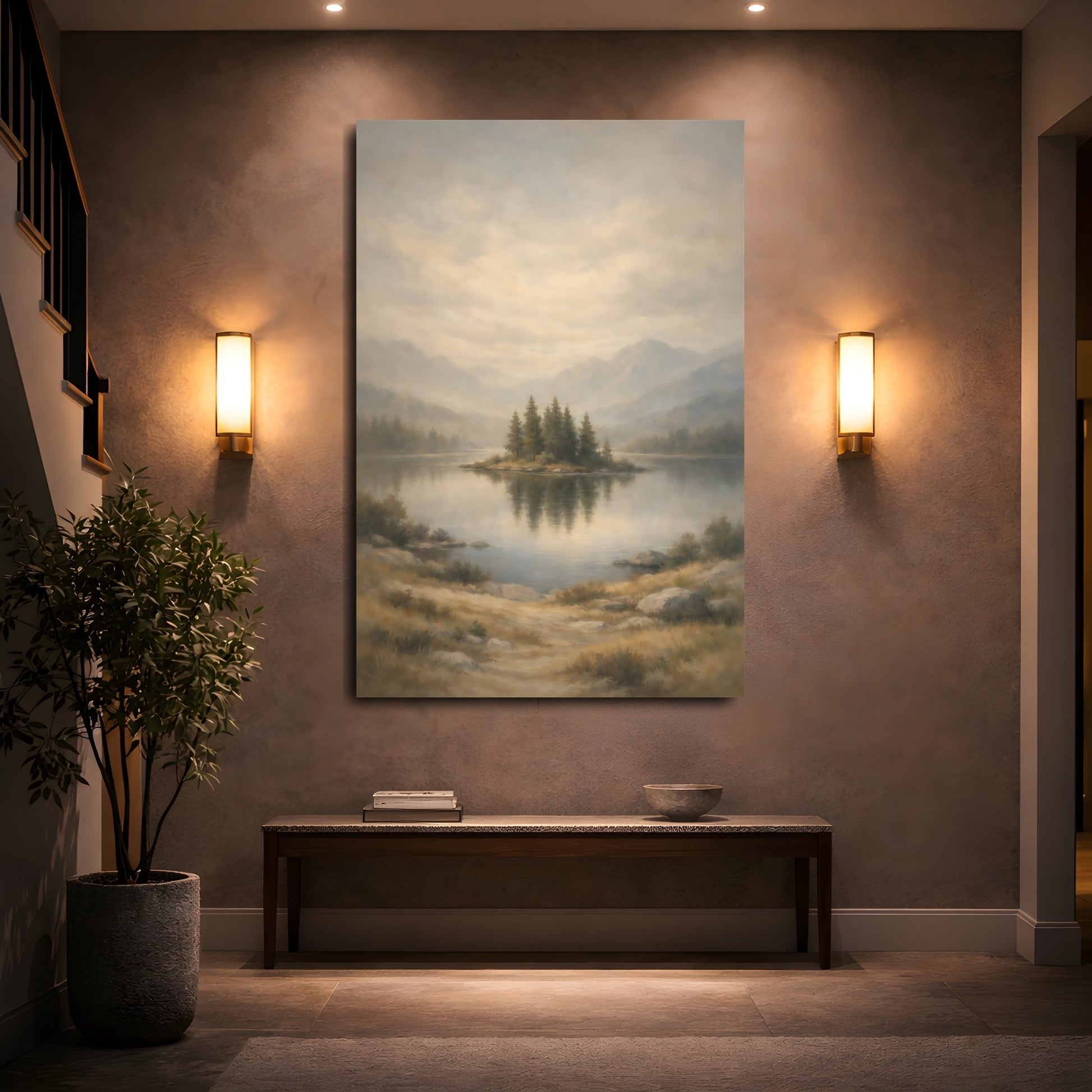 Mockup 4. Nature Lake Island Misty Lake shown as stretched canvas wall art