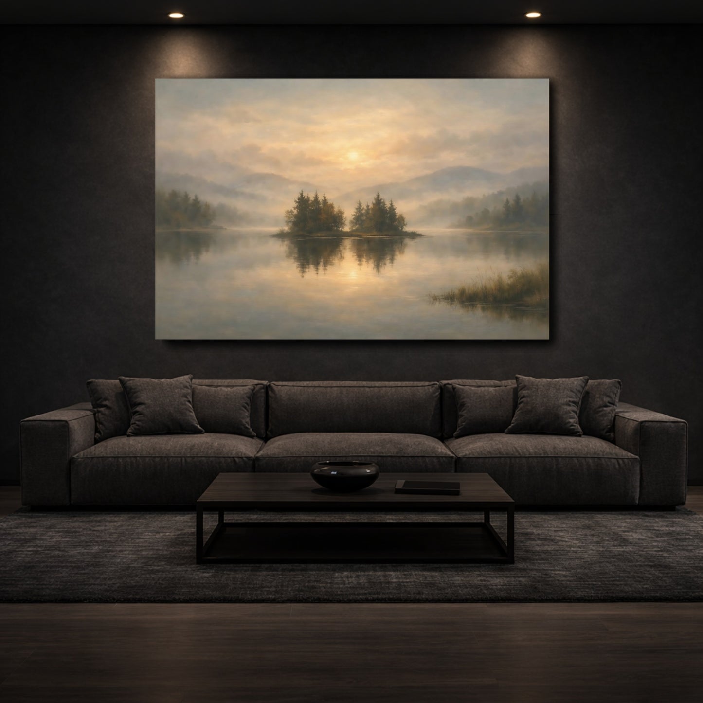 Mockup 2. Nature Lake Island Misty Lake Sunrise shown as stretched canvas wall art