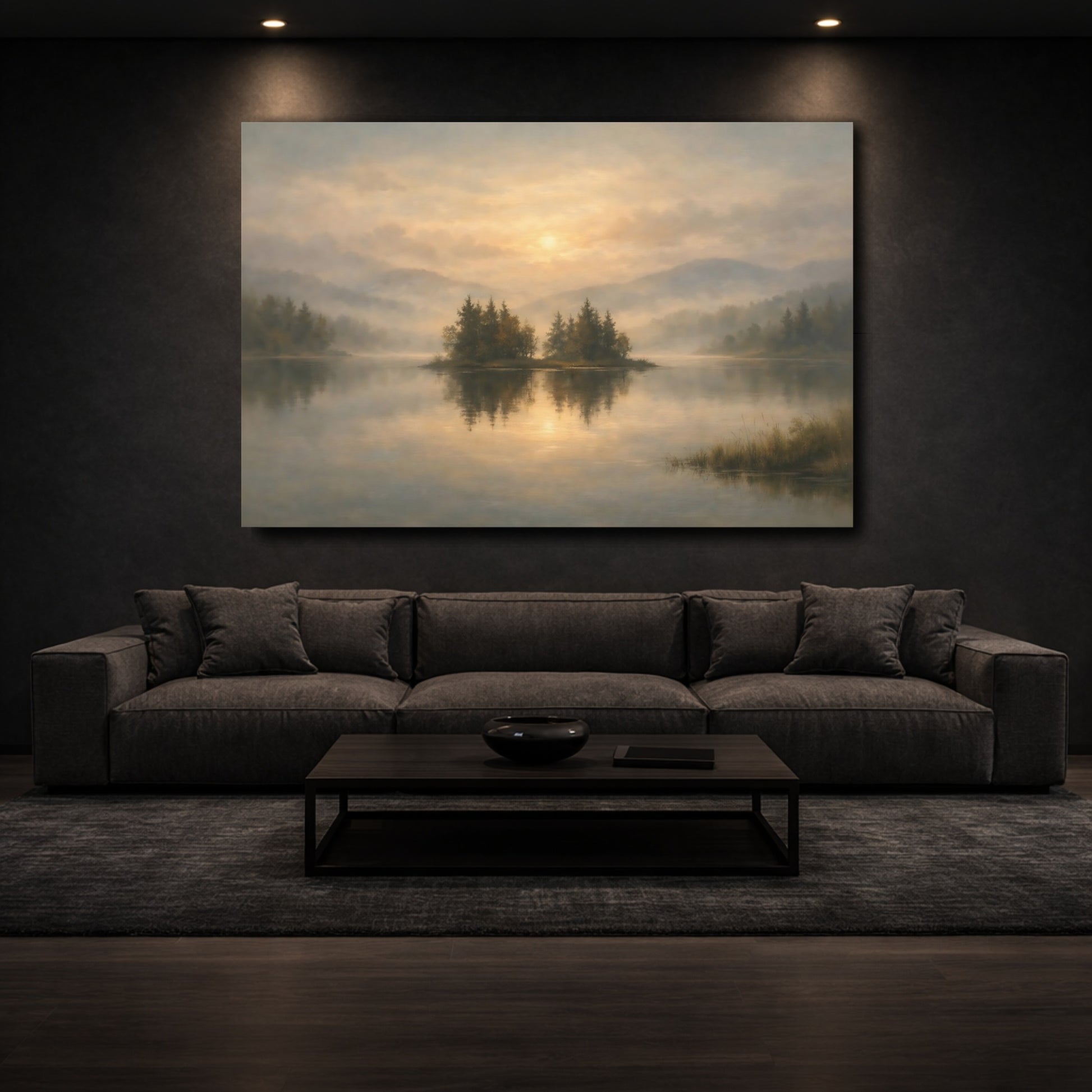 Mockup 2. Nature Lake Island Misty Lake Sunrise shown as stretched canvas wall art