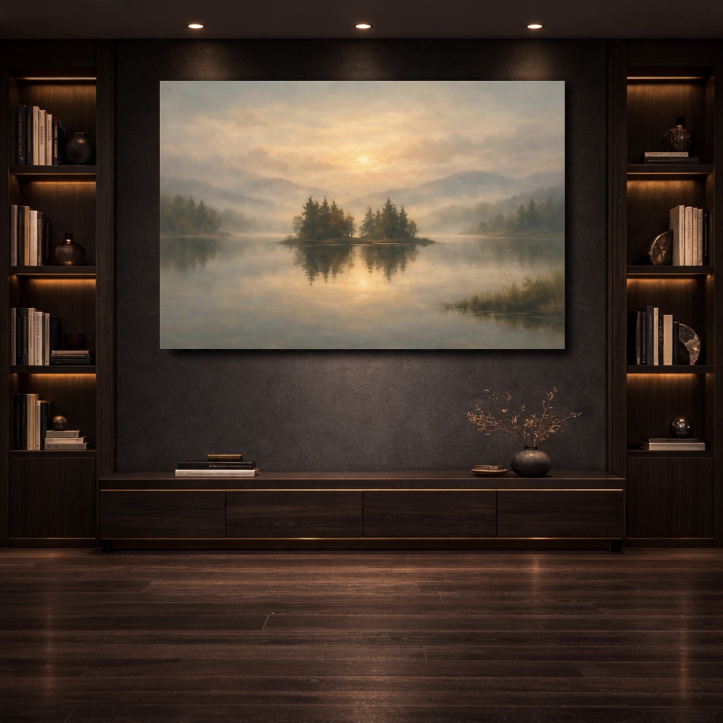 Mockup 3. Nature Lake Island Misty Lake Sunrise shown as stretched canvas wall art