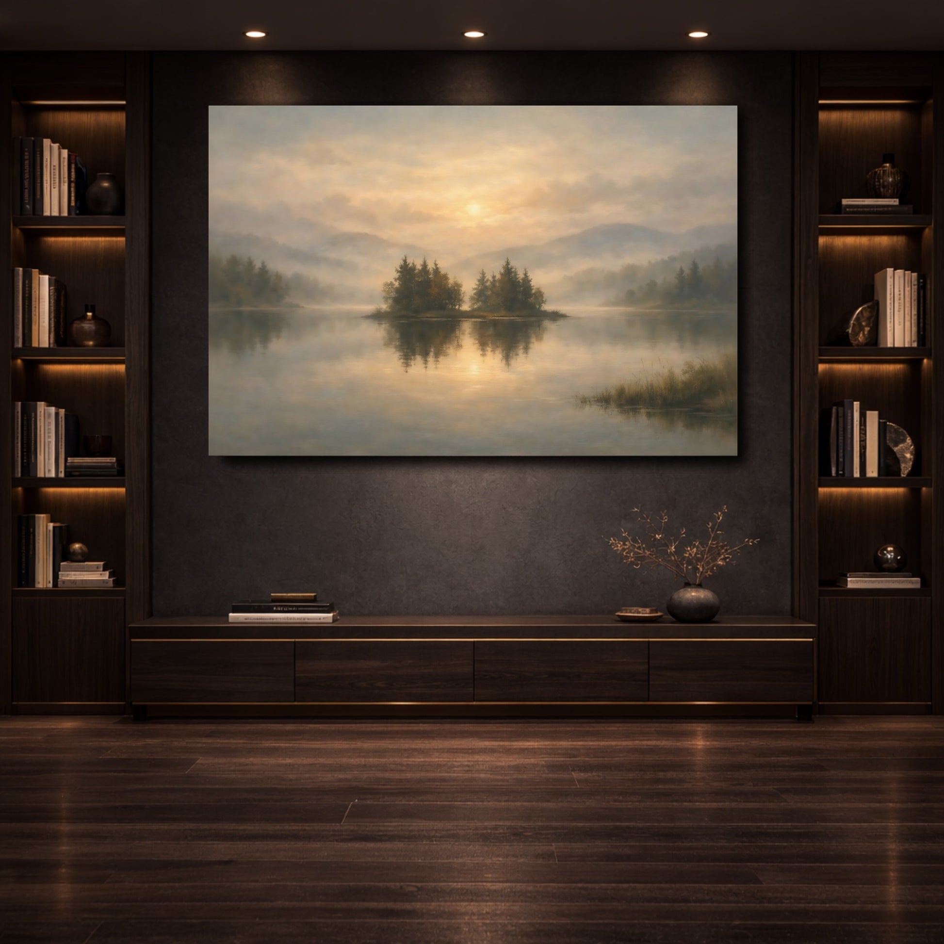 Mockup 3. Nature Lake Island Misty Lake Sunrise shown as stretched canvas wall art