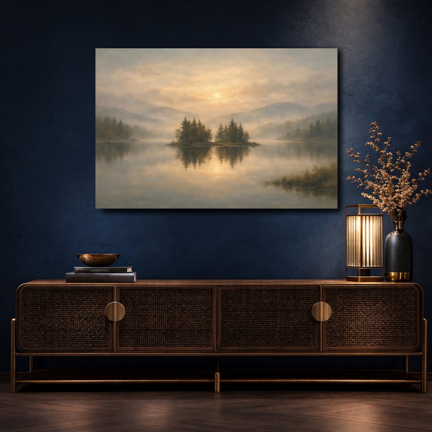 Mockup 4. Nature Lake Island Misty Lake Sunrise shown as stretched canvas wall art