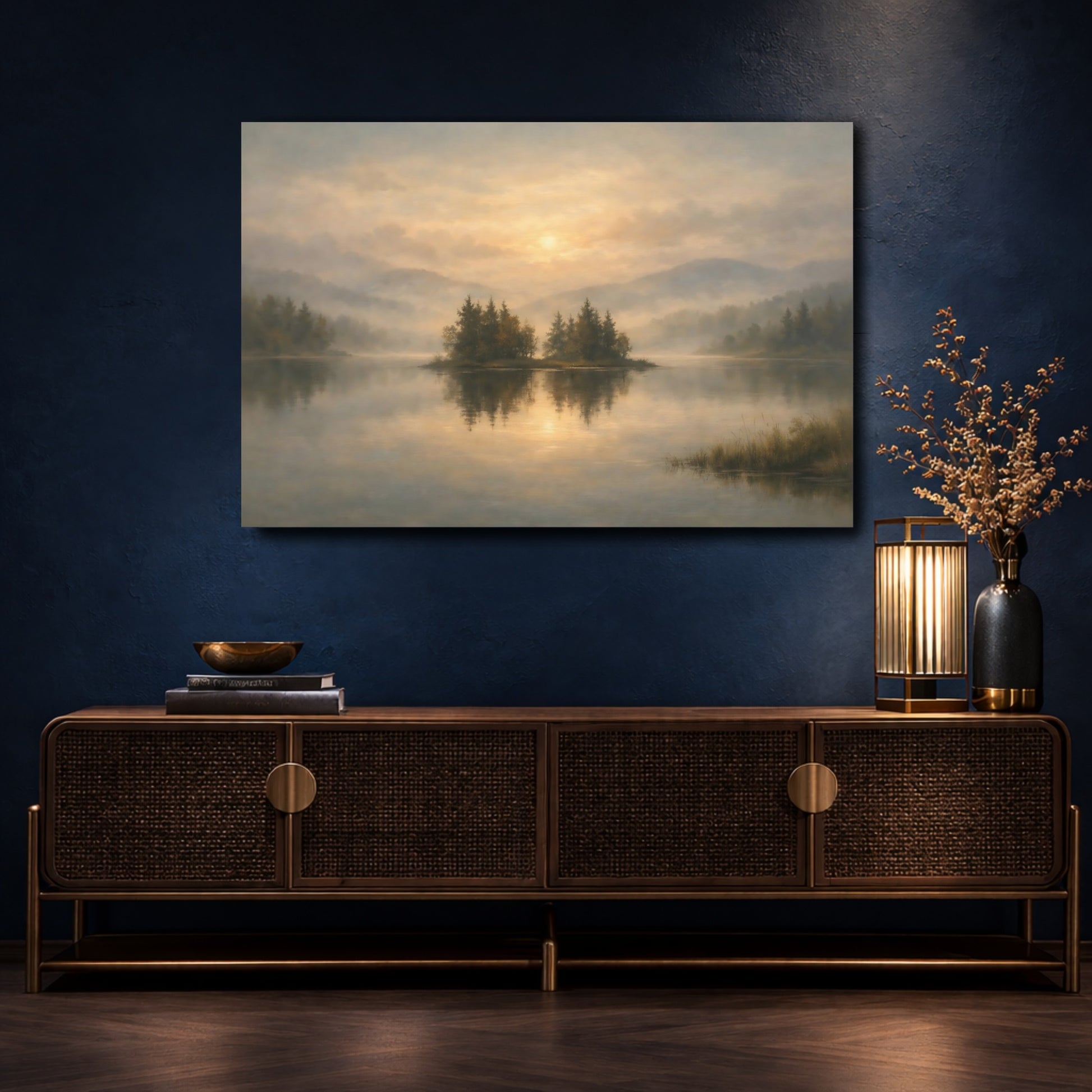 Mockup 4. Nature Lake Island Misty Lake Sunrise shown as stretched canvas wall art