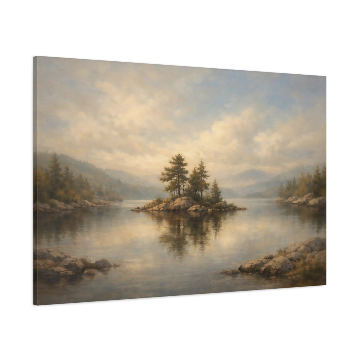 Main Mockup. Nature Lake Island Misty Lake View shown as stretched canvas wall art