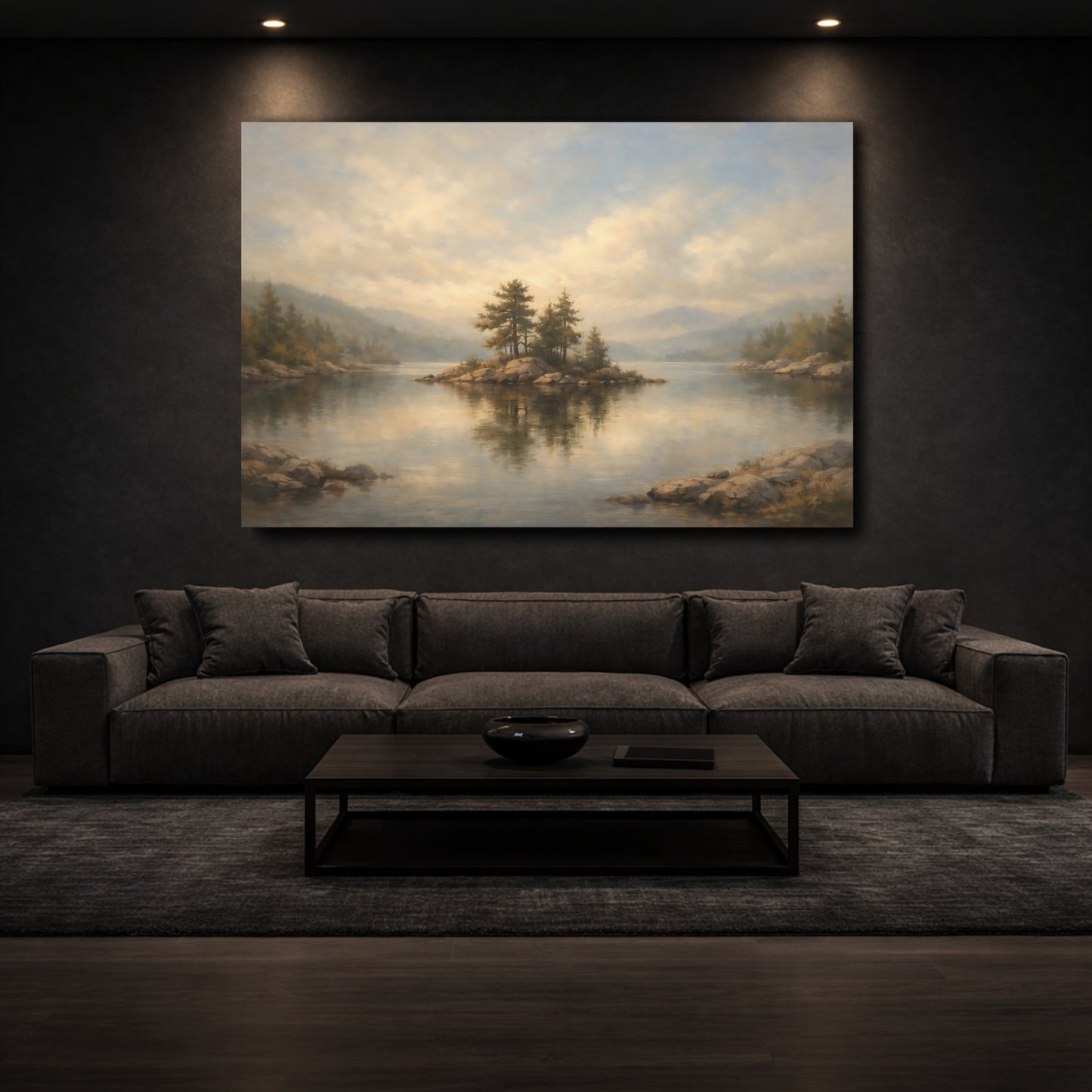 Mockup 2. Nature Lake Island Misty Lake View shown as stretched canvas wall art