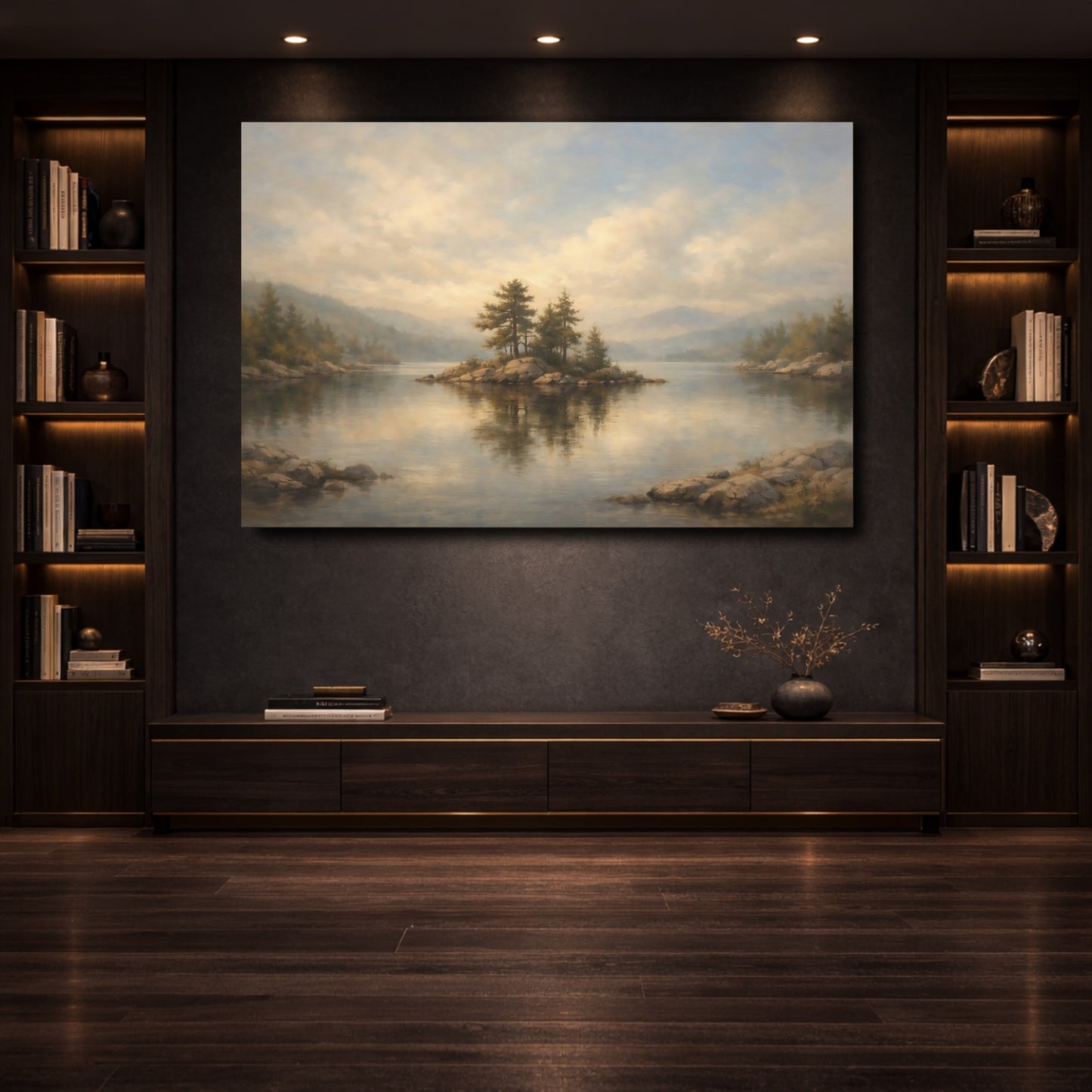 Mockup 3. Nature Lake Island Misty Lake View shown as stretched canvas wall art