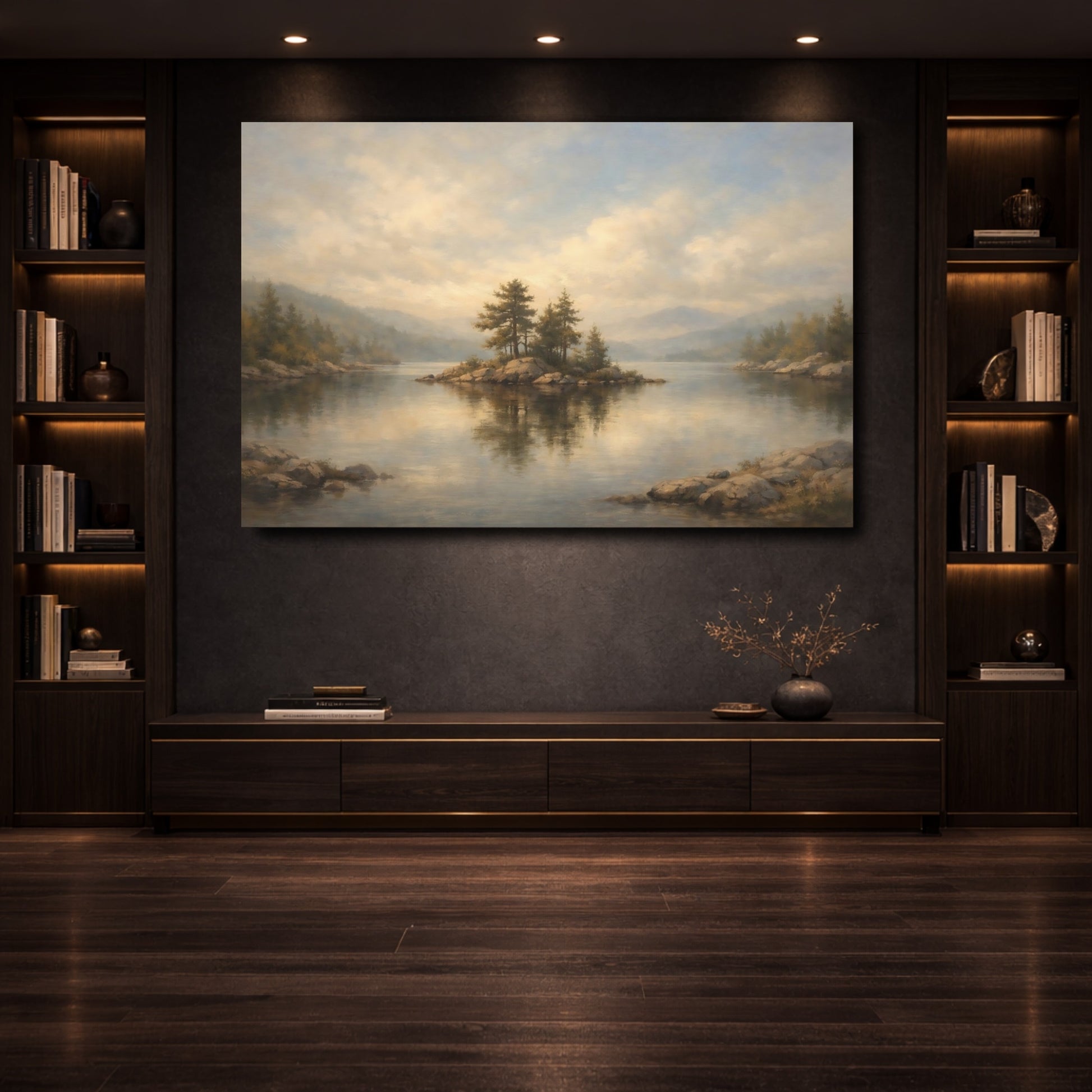 Mockup 3. Nature Lake Island Misty Lake View shown as stretched canvas wall art