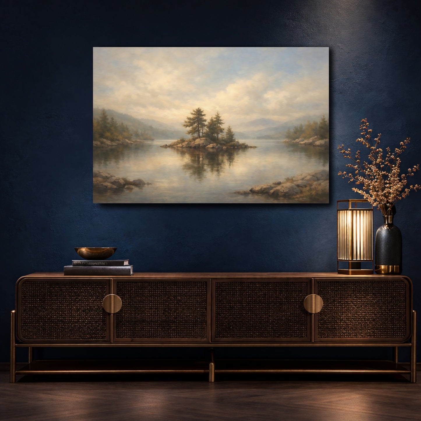 Mockup 4. Nature Lake Island Misty Lake View shown as stretched canvas wall art