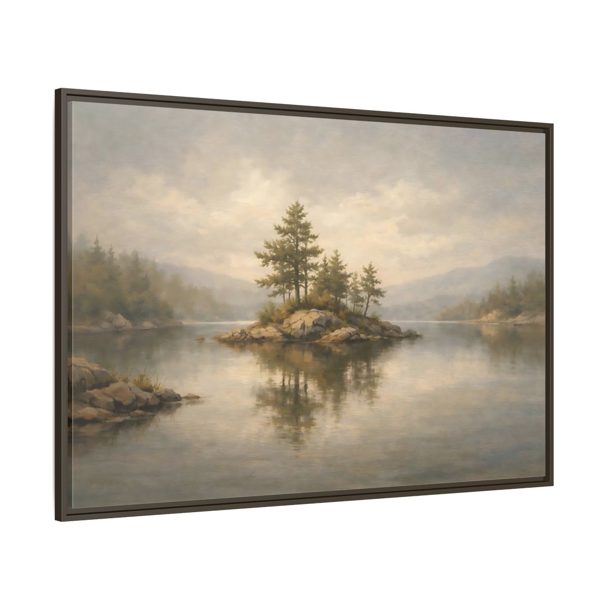 Main Mockup. Nature Lake Island Misty Landscape shown as stretched canvas wall art