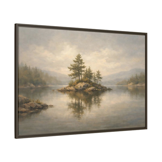 Main Mockup. Nature Lake Island Misty Landscape shown as stretched canvas wall art