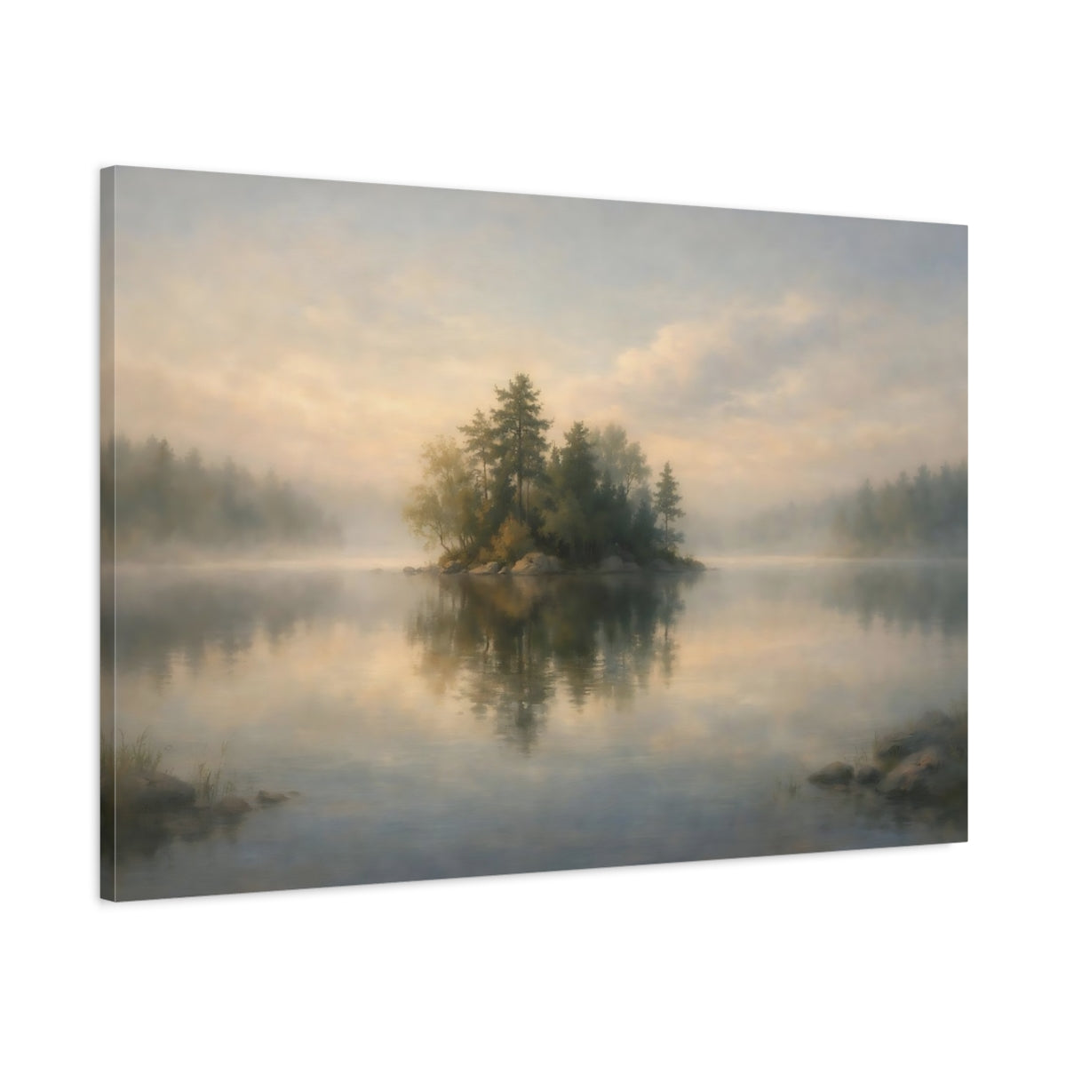 Side Mockup 1. Nature Lake Island Misty Lake Landscape shown as stretched canvas wall art