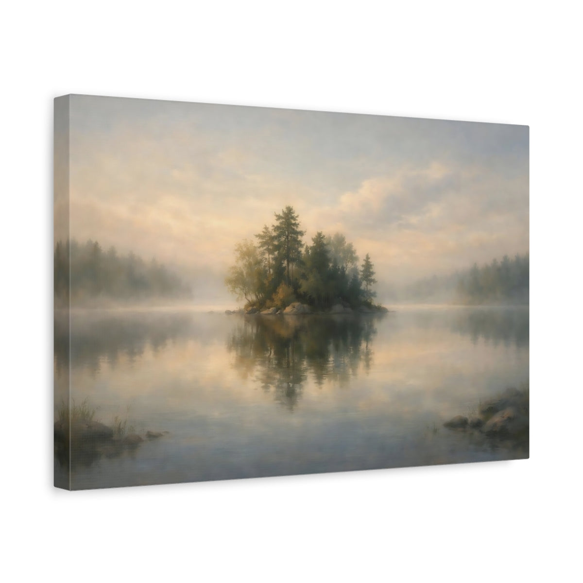 Side Mockup 4. Nature Lake Island Misty Lake Landscape shown as stretched canvas wall art