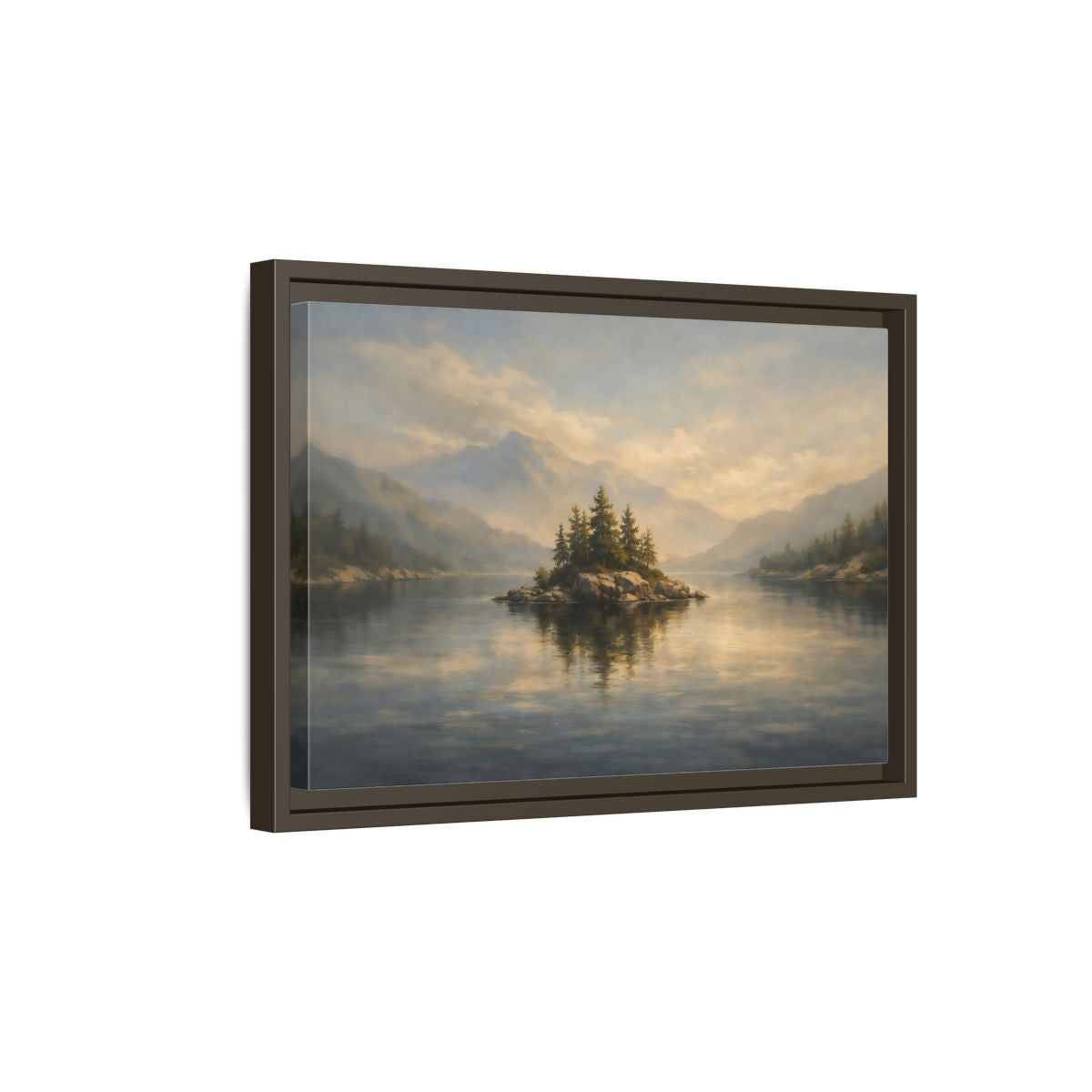 Side Mockup 5. Nature Lake Island Misty Lake Landscape shown as stretched canvas wall art