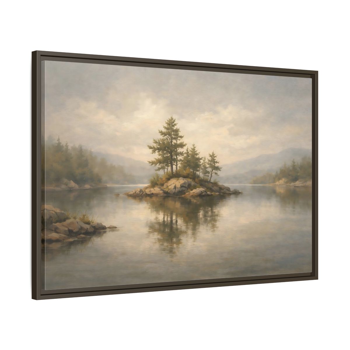 Side Mockup 9. Nature Lake Island Misty Landscape shown as stretched canvas wall art