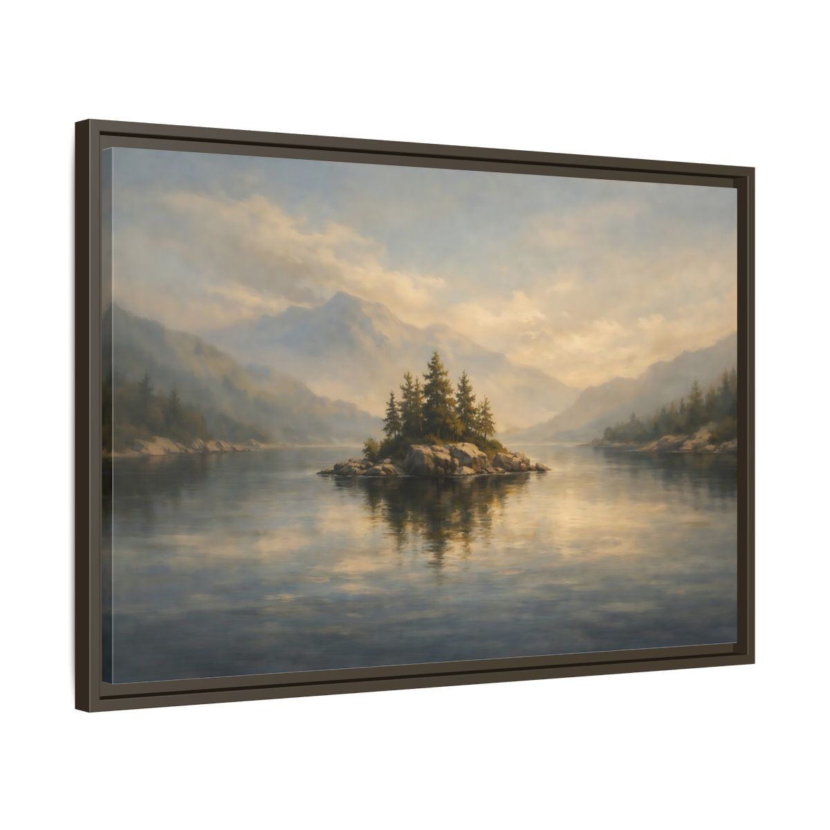 Side Mockup 11. Nature Lake Island Misty Lake Landscape shown as stretched canvas wall art