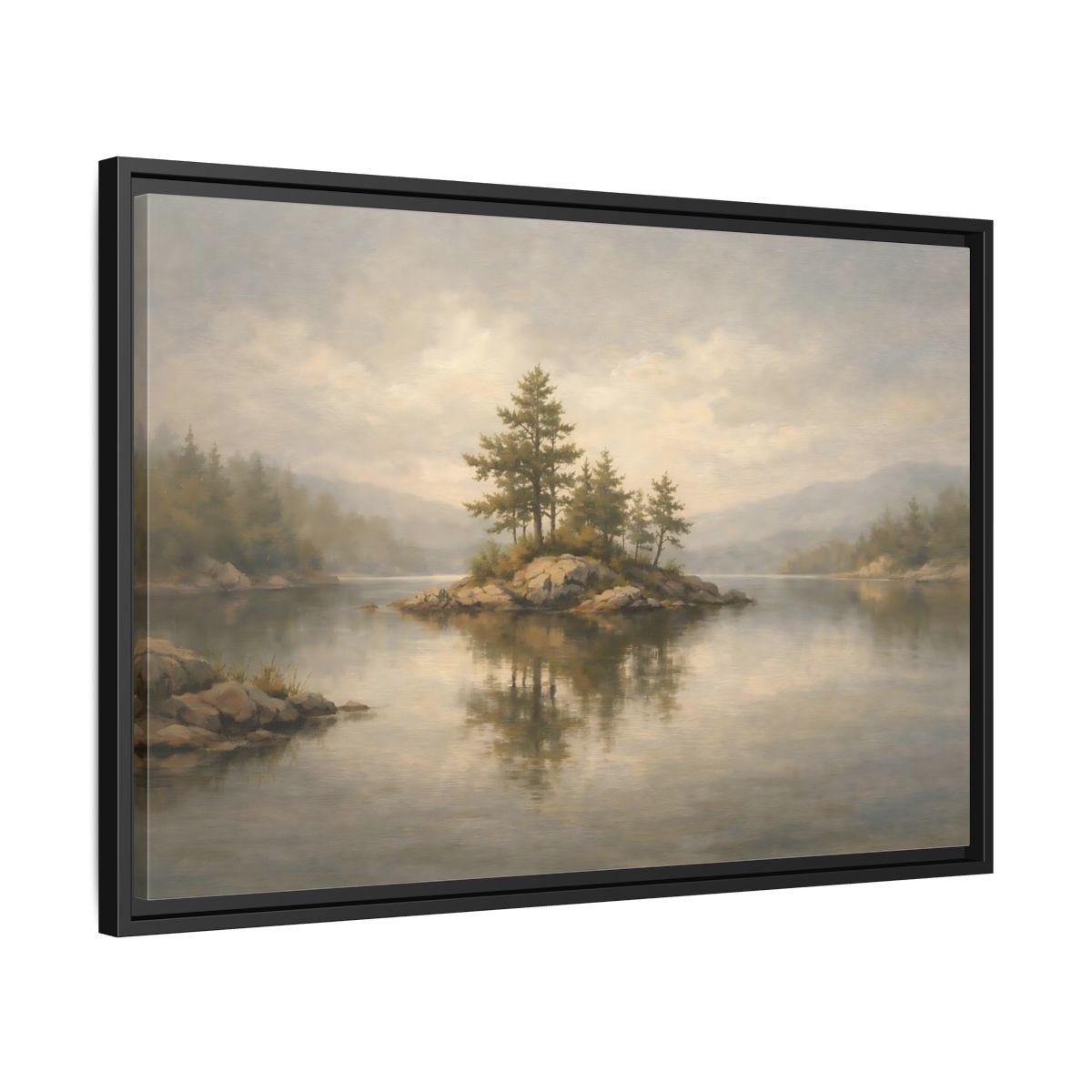 Side Mockup 14. Nature Lake Island Misty Landscape shown as stretched canvas wall art