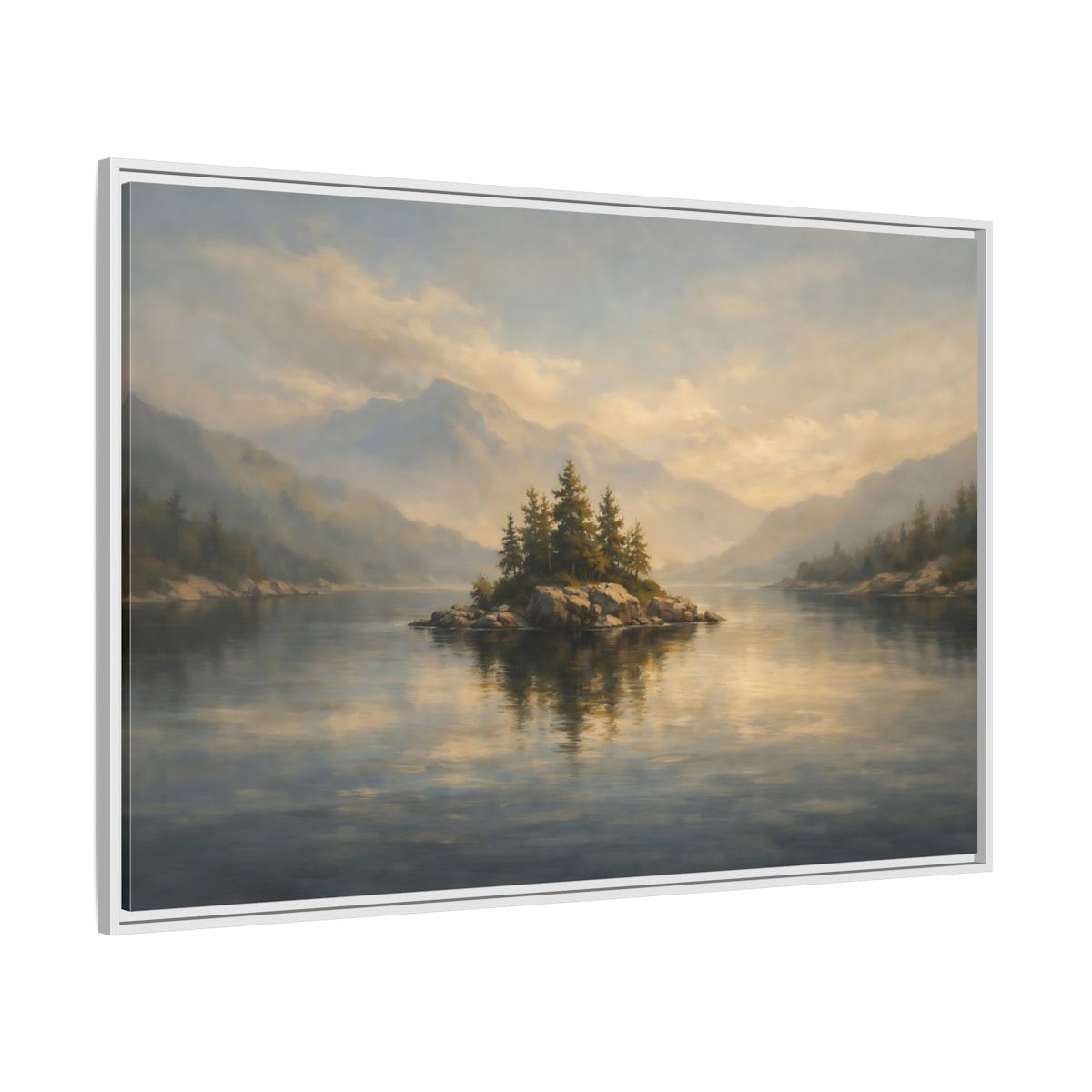 Side Mockup 7. Nature Lake Island Misty Lake Landscape shown as stretched canvas wall art