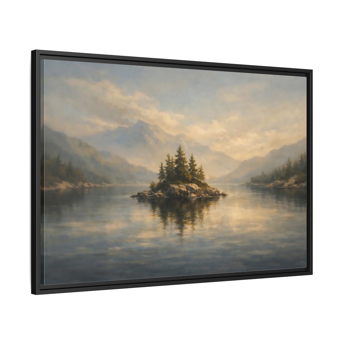 Side Mockup 13. Nature Lake Island Misty Lake Landscape shown as stretched canvas wall art