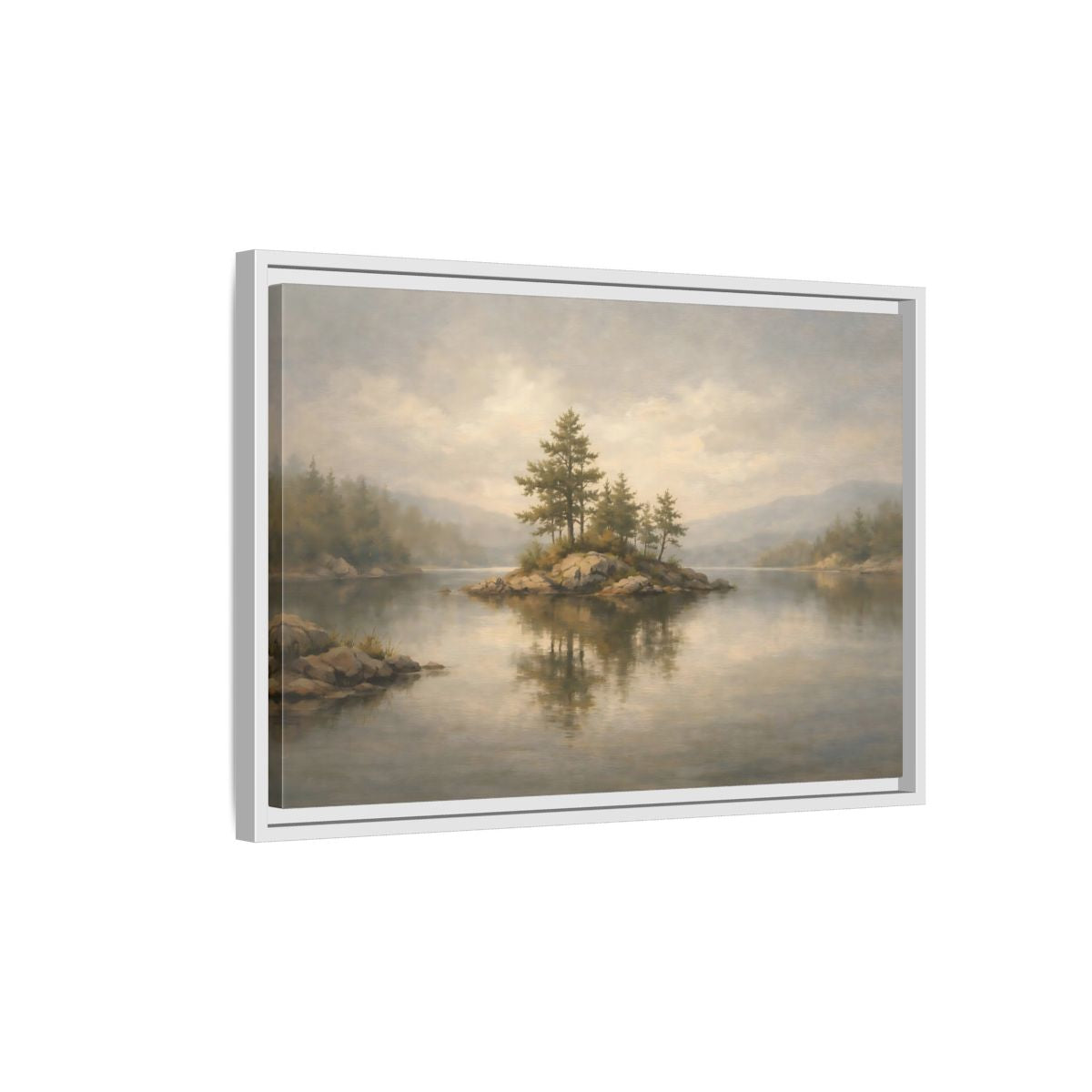 Side Mockup 1. Nature Lake Island Misty Landscape shown as stretched canvas wall art