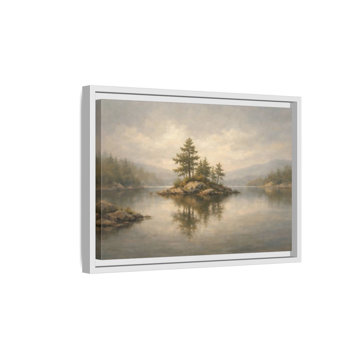 Side Mockup 4. Nature Lake Island Misty Landscape shown as stretched canvas wall art