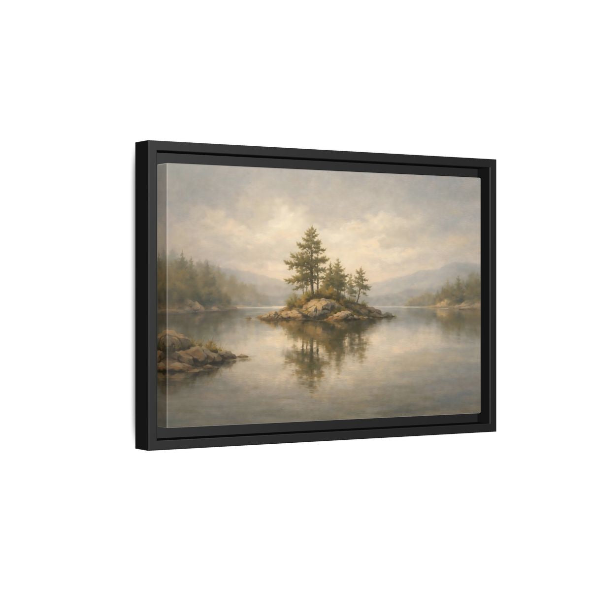 Side Mockup 6. Nature Lake Island Misty Landscape shown as stretched canvas wall art