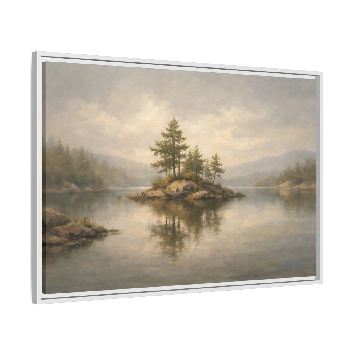 Side Mockup 8. Nature Lake Island Misty Landscape shown as stretched canvas wall art