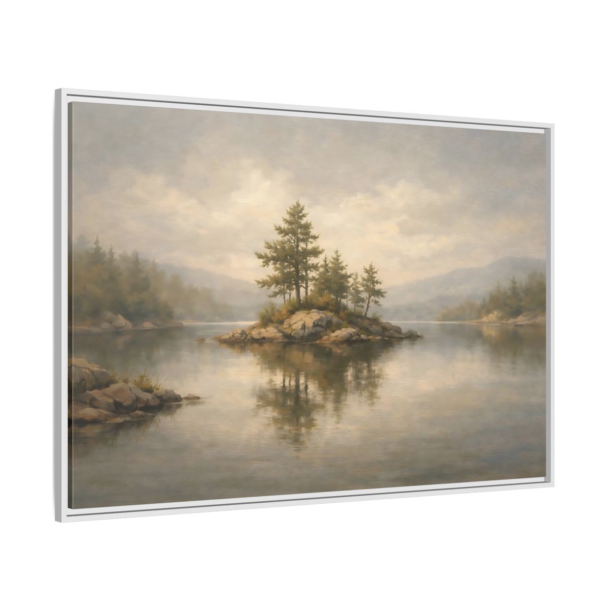Side Mockup 7. Nature Lake Island Misty Landscape shown as stretched canvas wall art