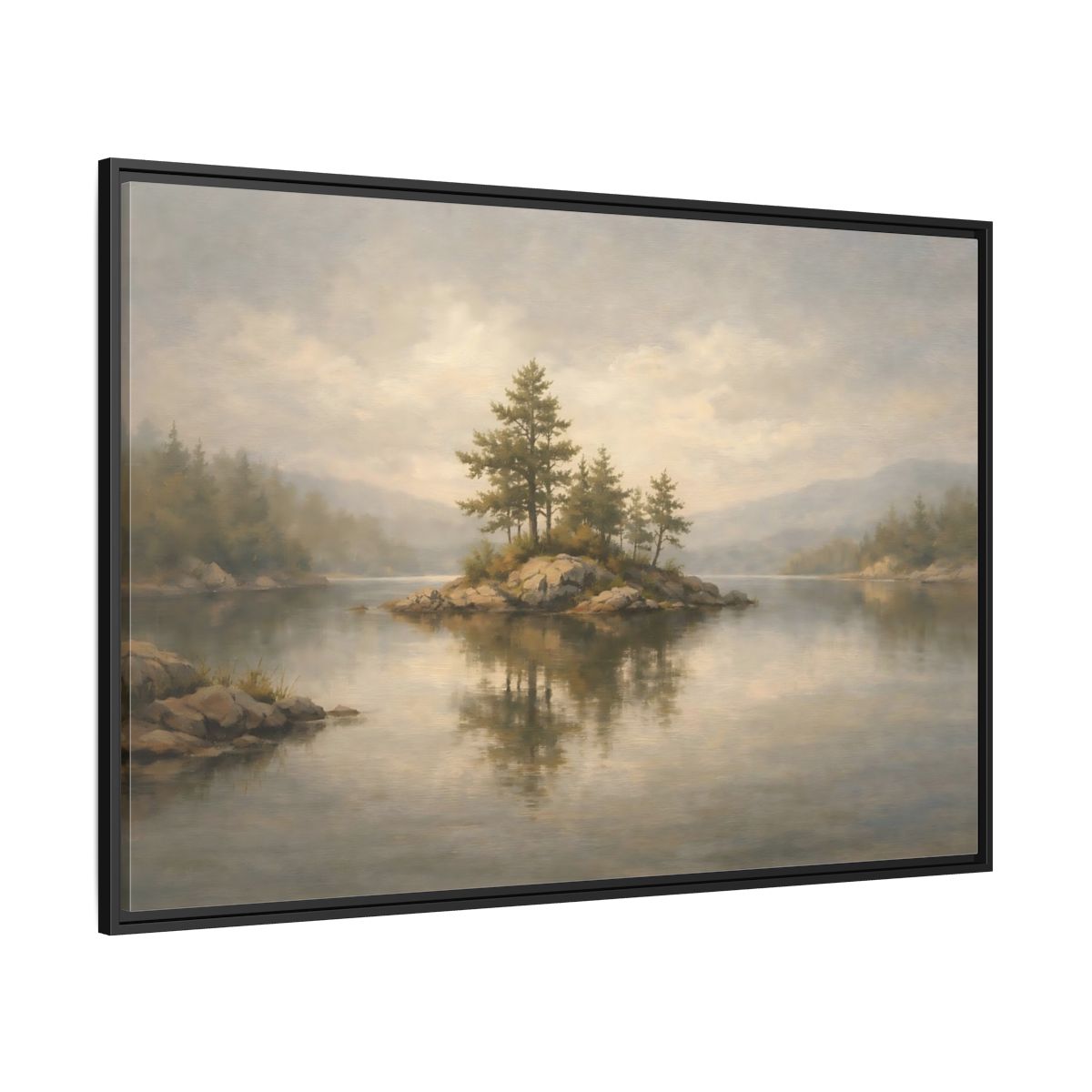 Side Mockup 12. Nature Lake Island Misty Landscape shown as stretched canvas wall art