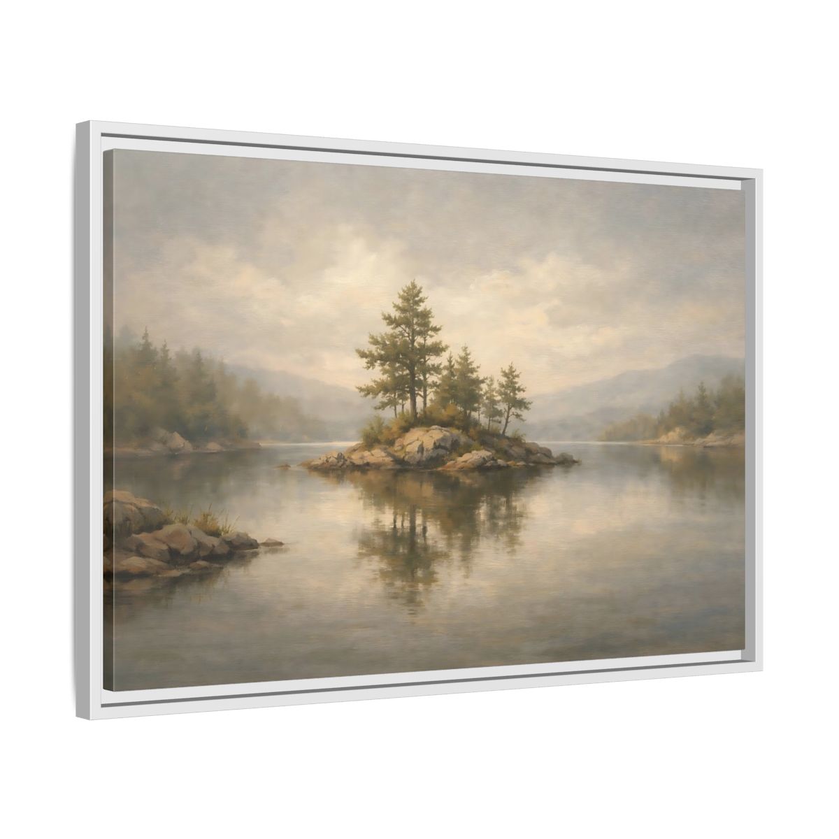 Side Mockup 10. Nature Lake Island Misty Landscape shown as stretched canvas wall art