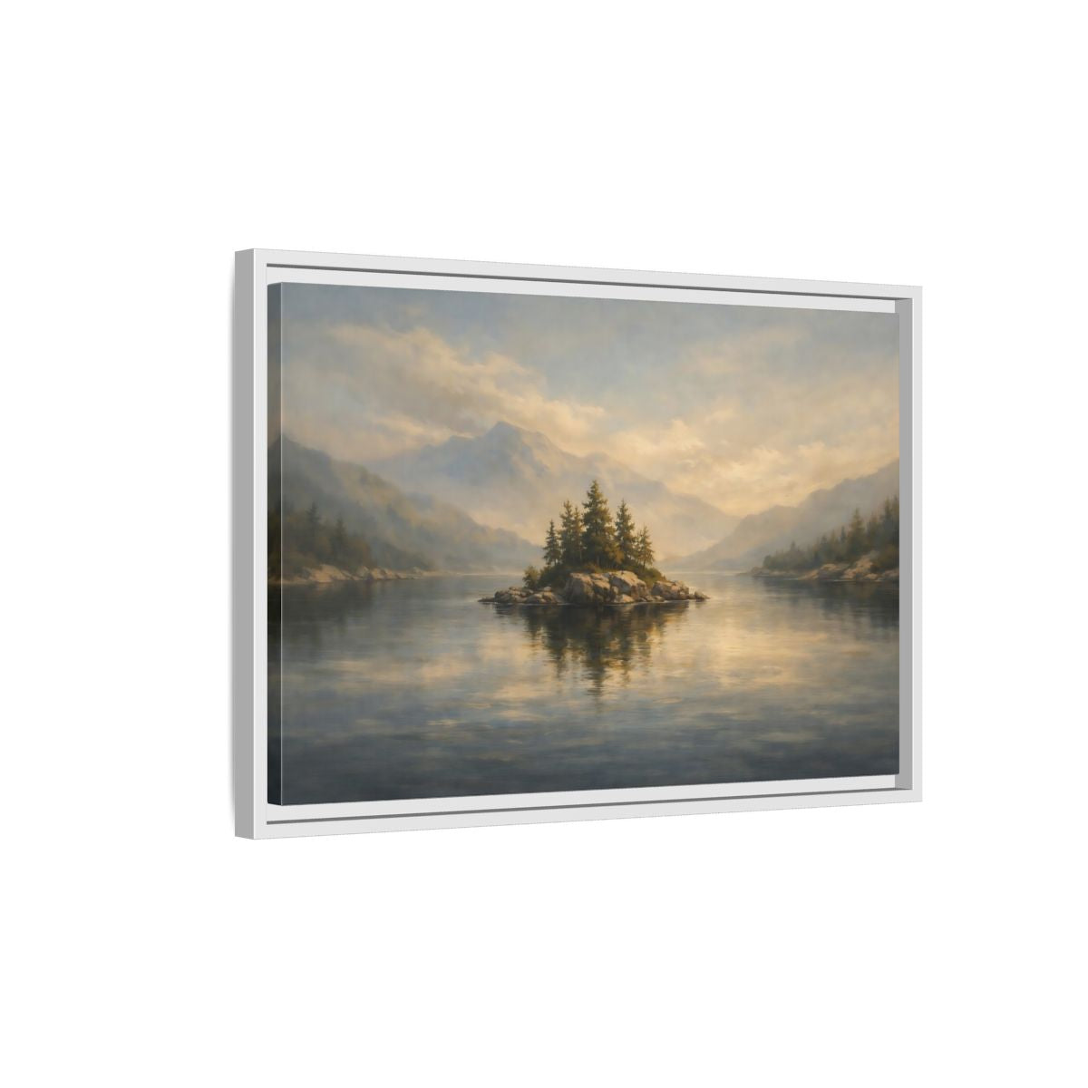 Side Mockup 1. Nature Lake Island Misty Lake Landscape shown as stretched canvas wall art