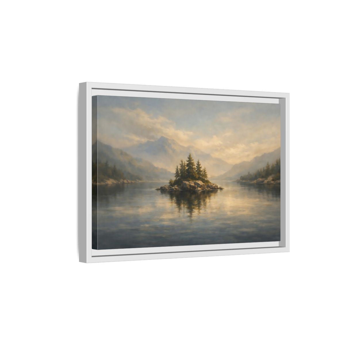 Side Mockup 4. Nature Lake Island Misty Lake Landscape shown as stretched canvas wall art