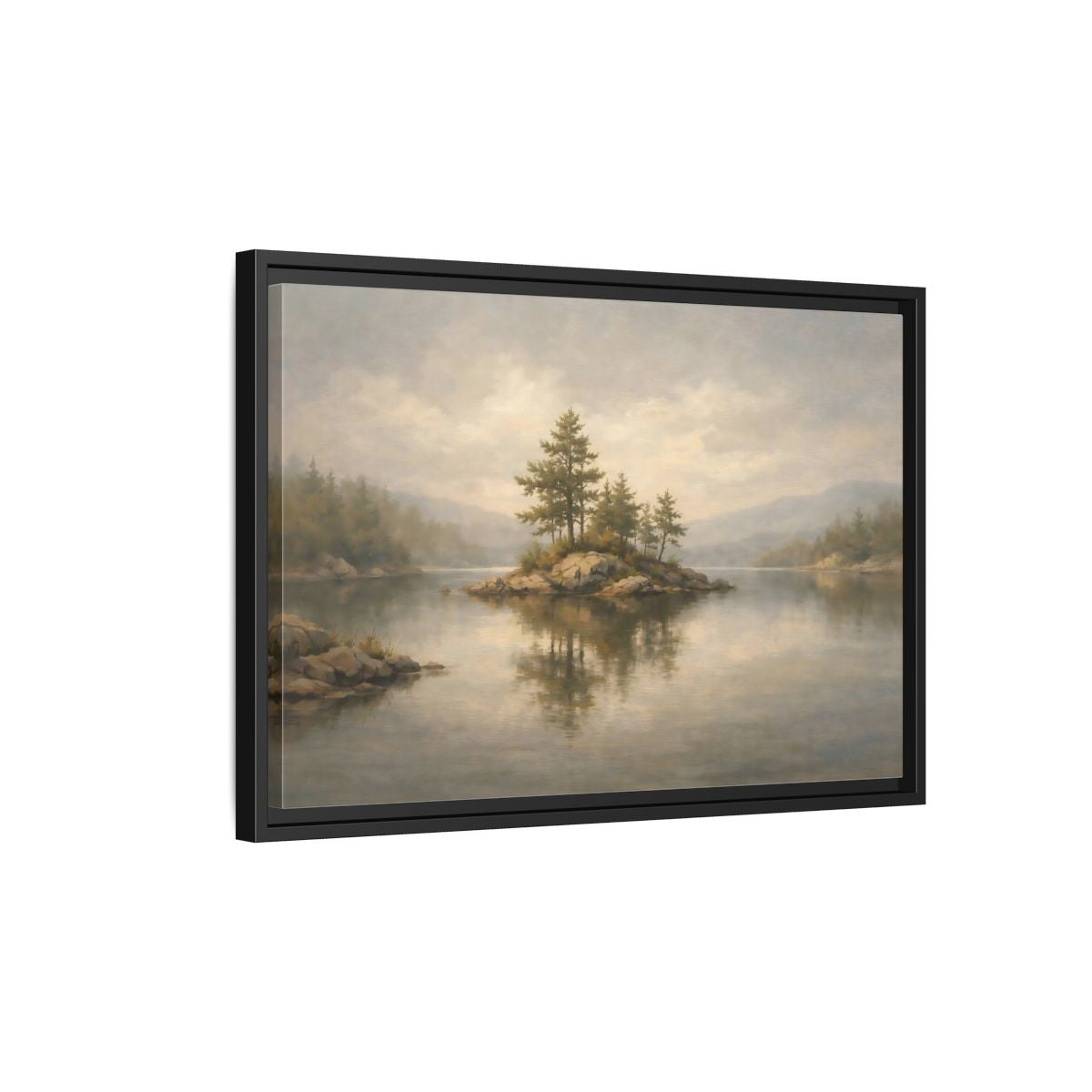 Side Mockup 3. Nature Lake Island Misty Landscape shown as stretched canvas wall art
