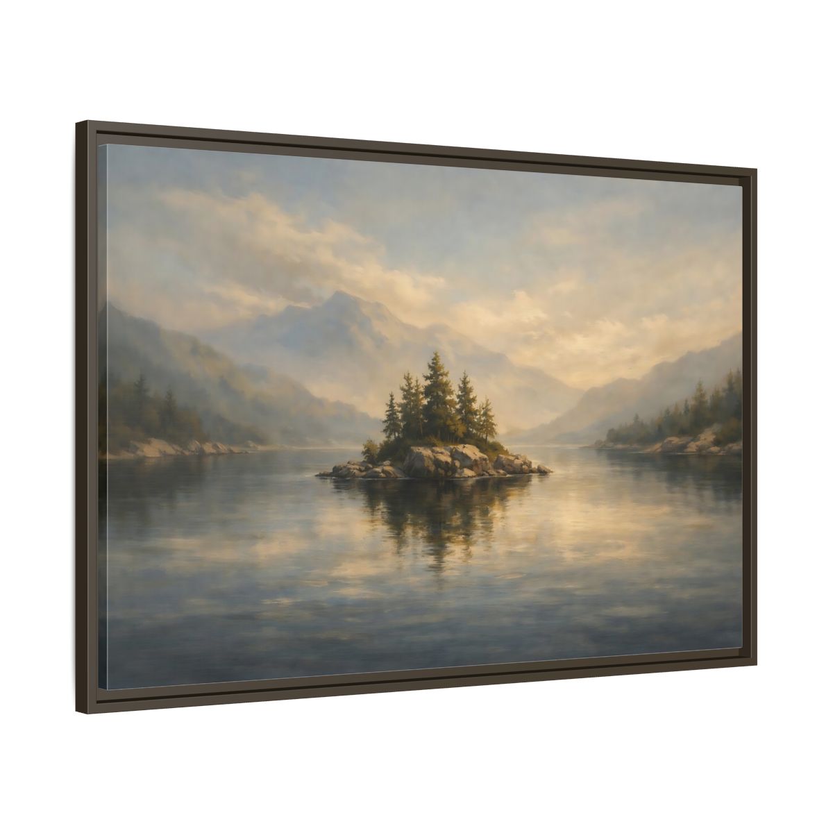 Side Mockup 9. Nature Lake Island Misty Lake Landscape shown as stretched canvas wall art