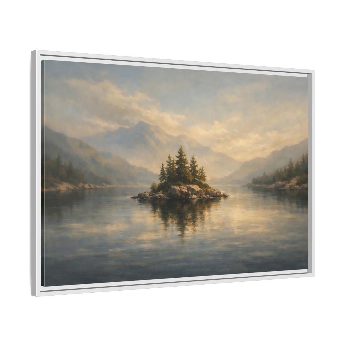 Side Mockup 8. Nature Lake Island Misty Lake Landscape shown as stretched canvas wall art