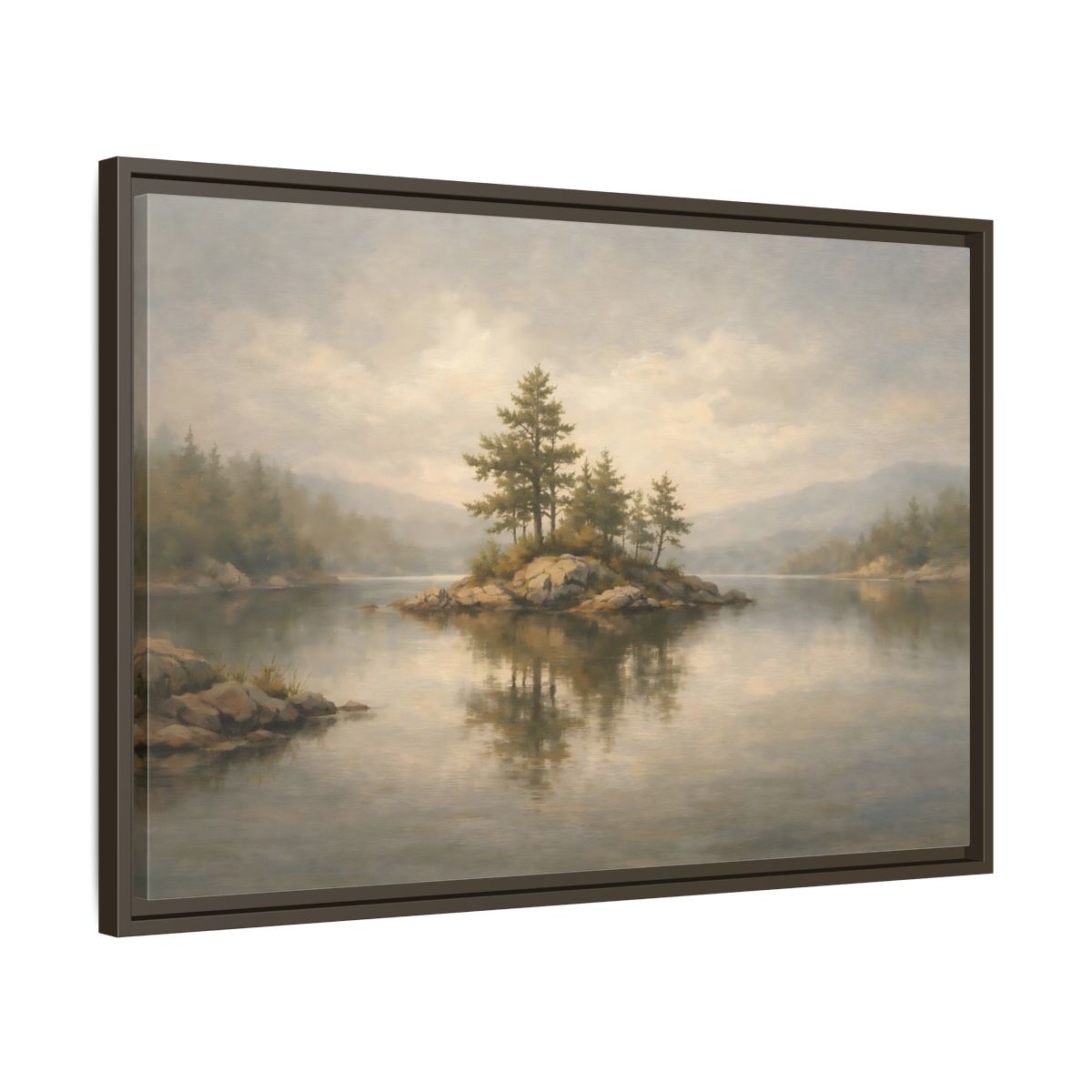 Side Mockup 11. Nature Lake Island Misty Landscape shown as stretched canvas wall art
