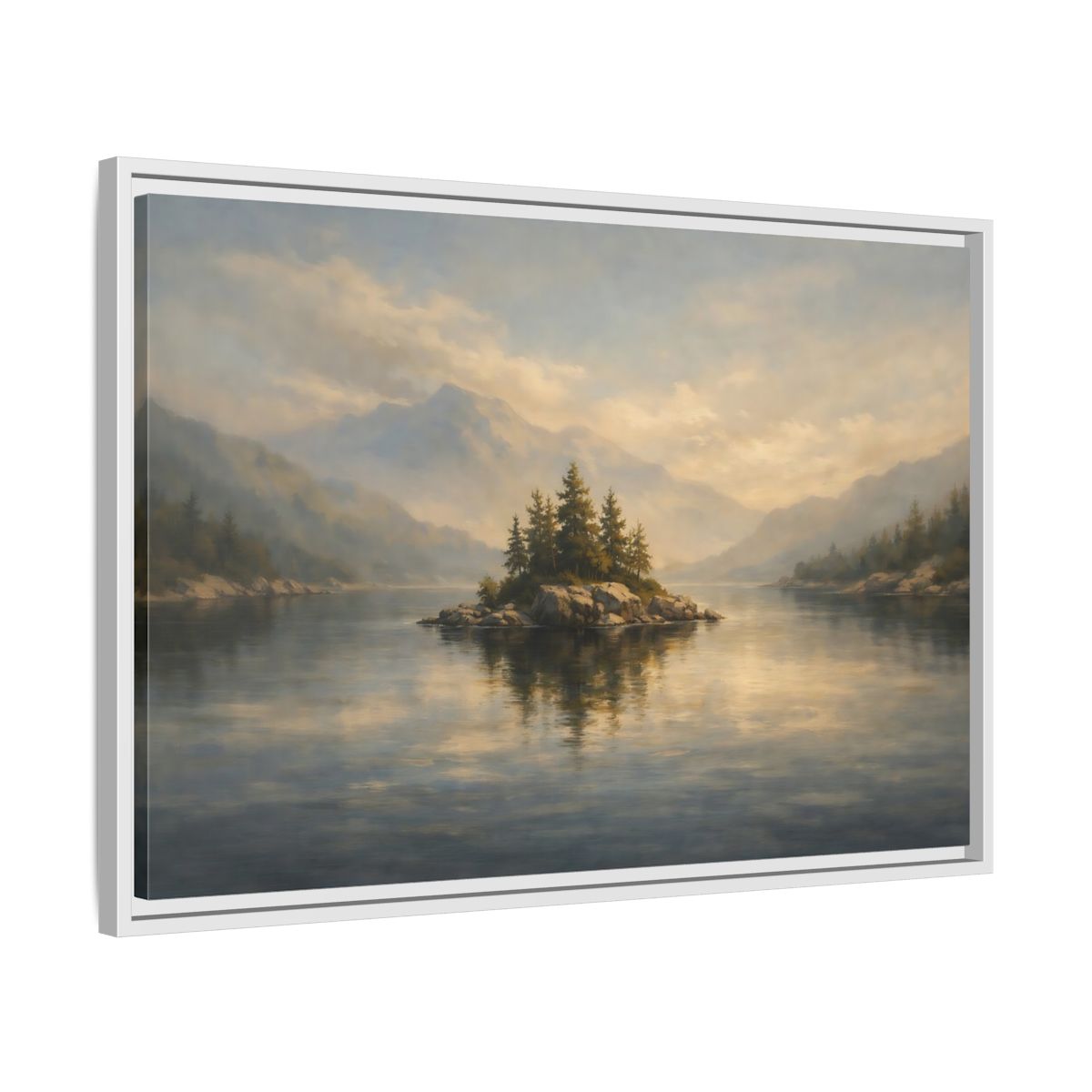 Side Mockup 10. Nature Lake Island Misty Lake Landscape shown as stretched canvas wall art