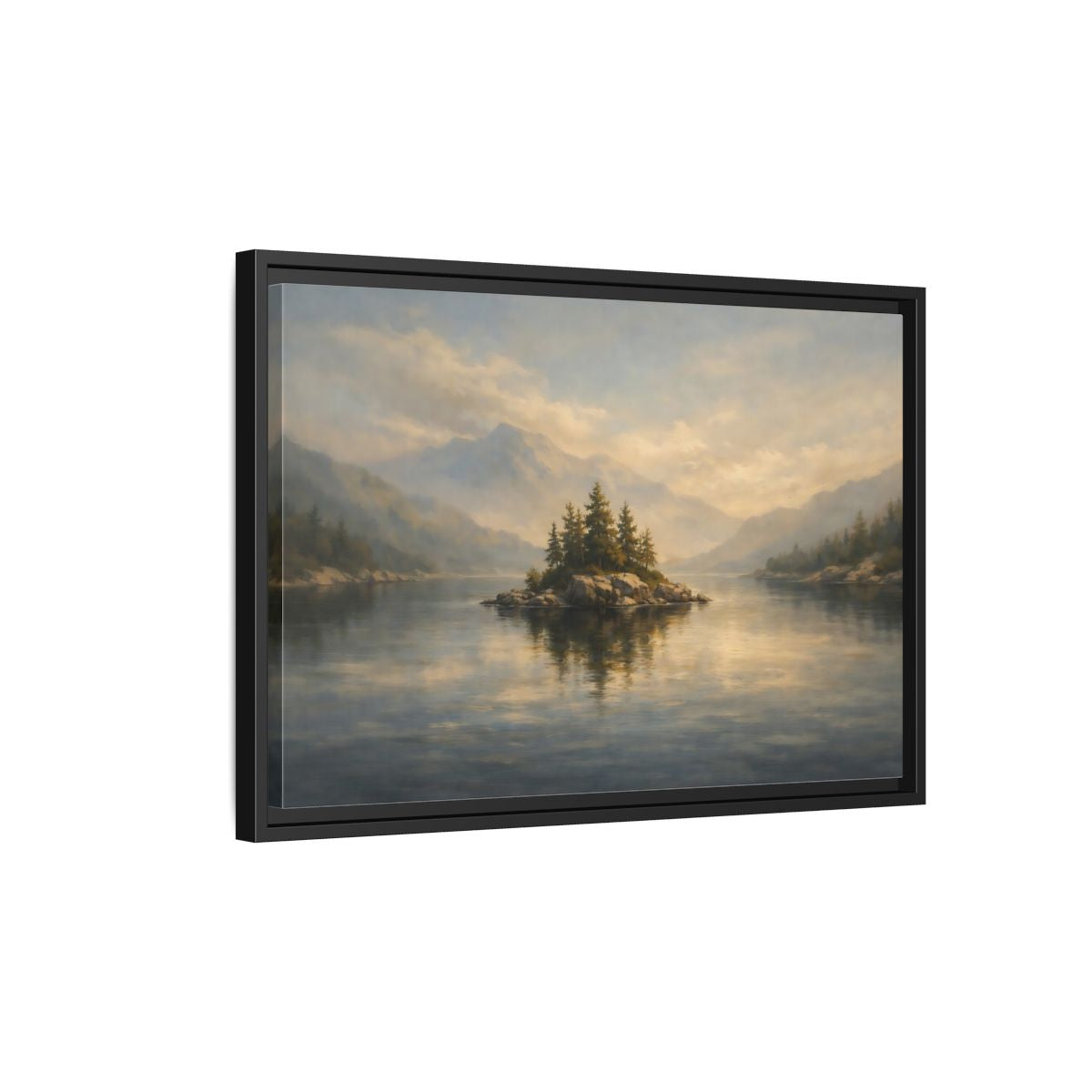 Side Mockup 3. Nature Lake Island Misty Lake Landscape shown as stretched canvas wall art