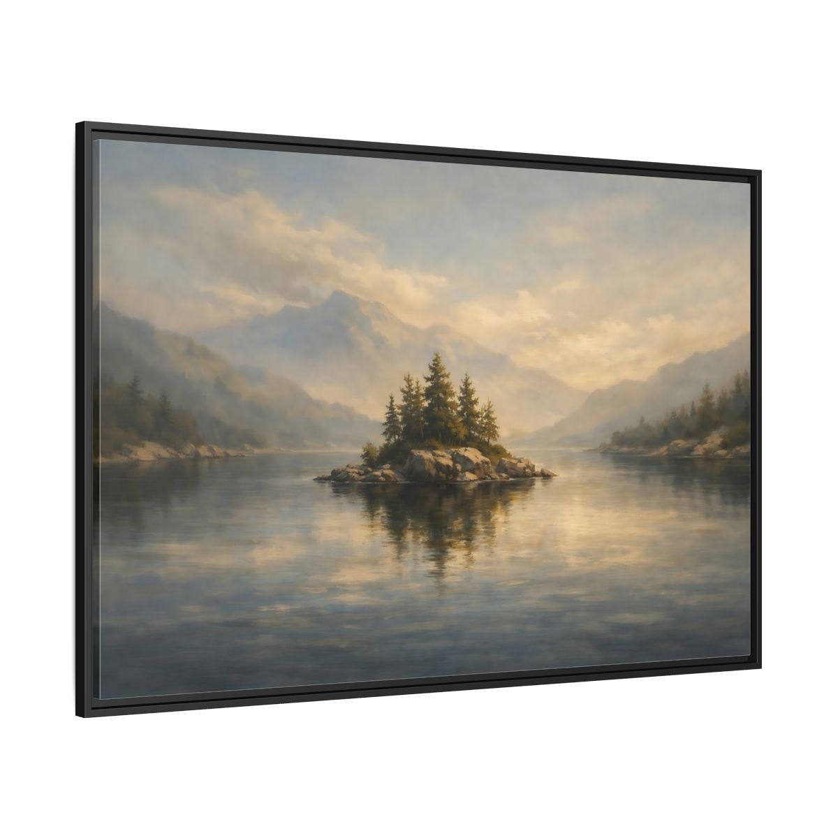 Side Mockup 12. Nature Lake Island Misty Lake Landscape shown as stretched canvas wall art