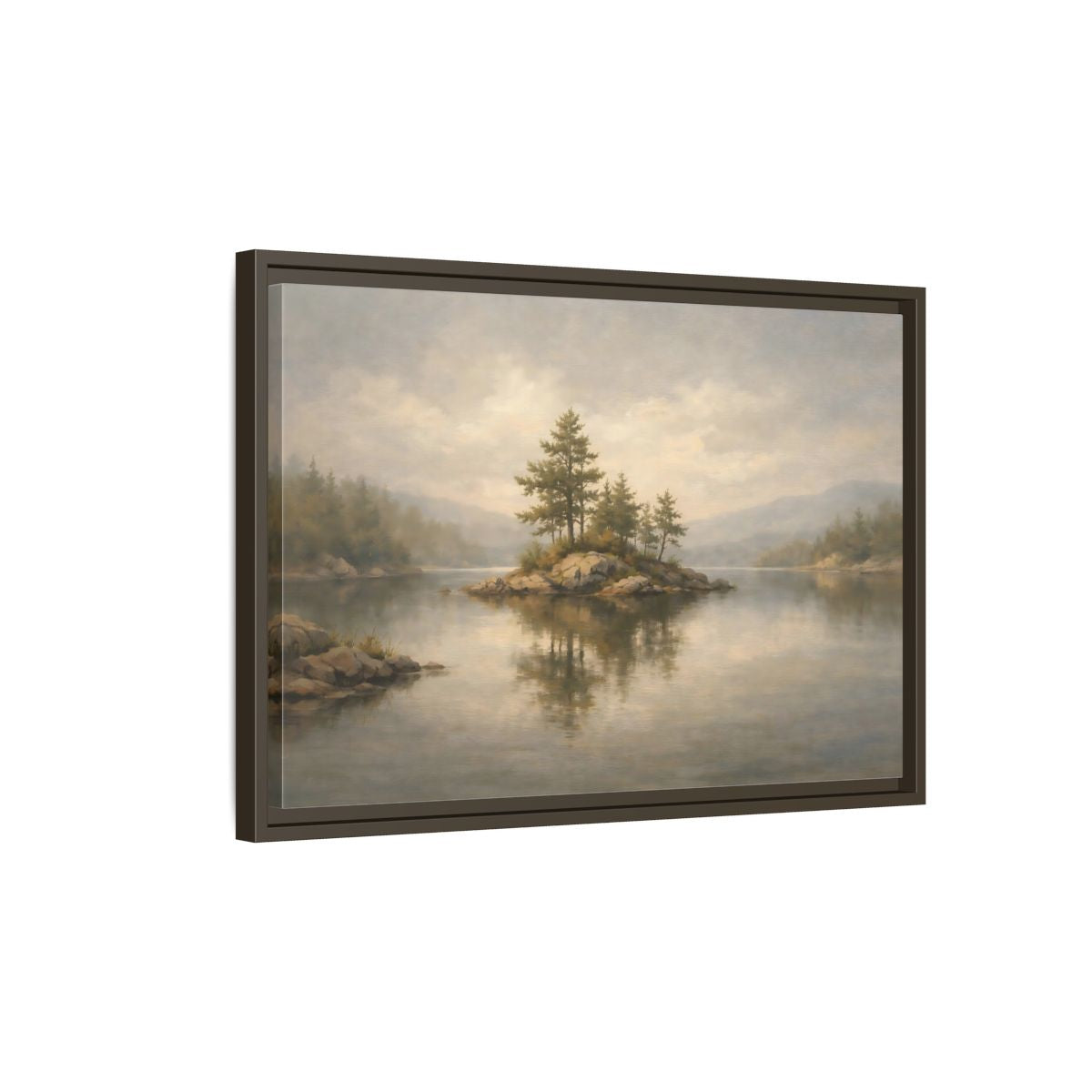 Side Mockup 2. Nature Lake Island Misty Landscape shown as stretched canvas wall art