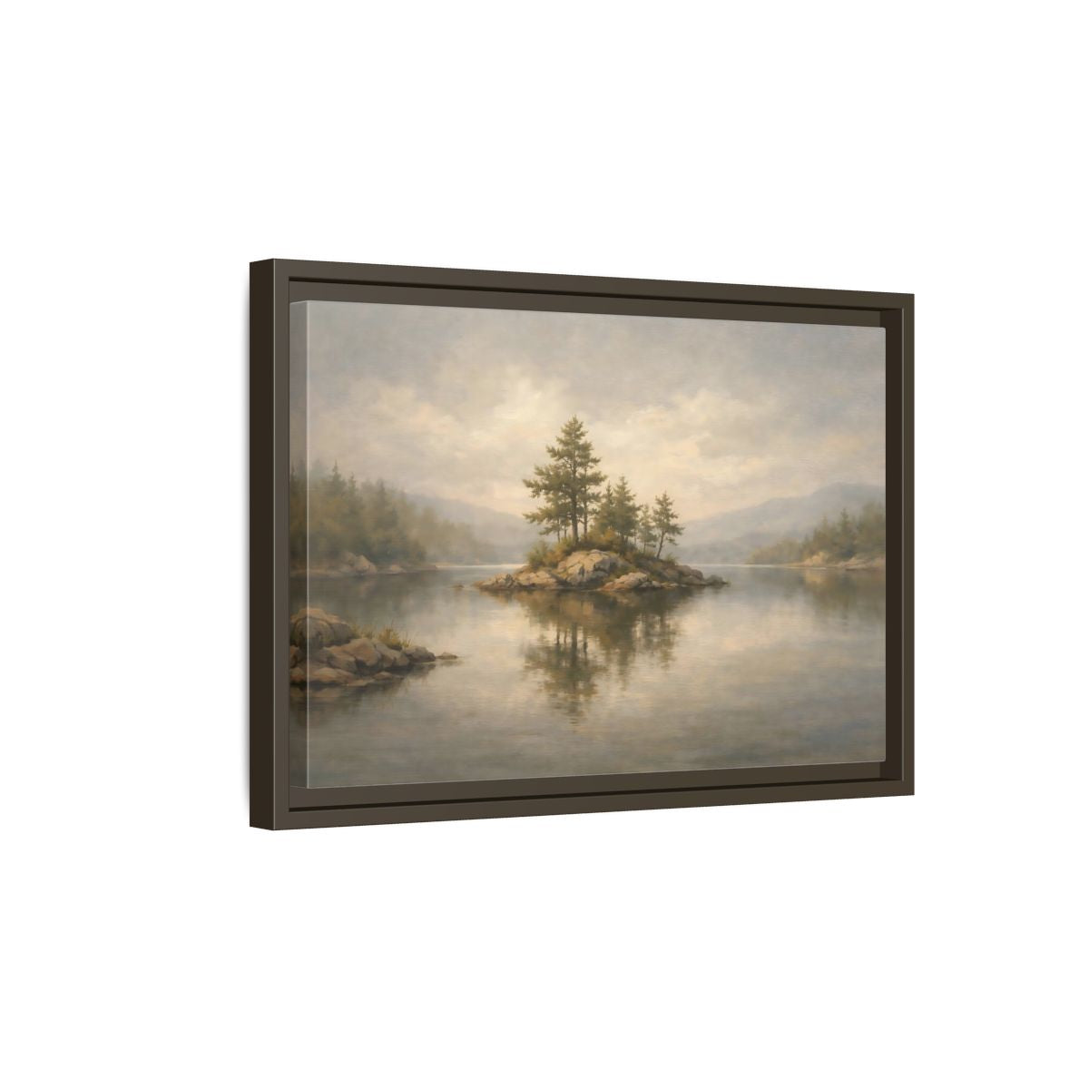 Side Mockup 5. Nature Lake Island Misty Landscape shown as stretched canvas wall art