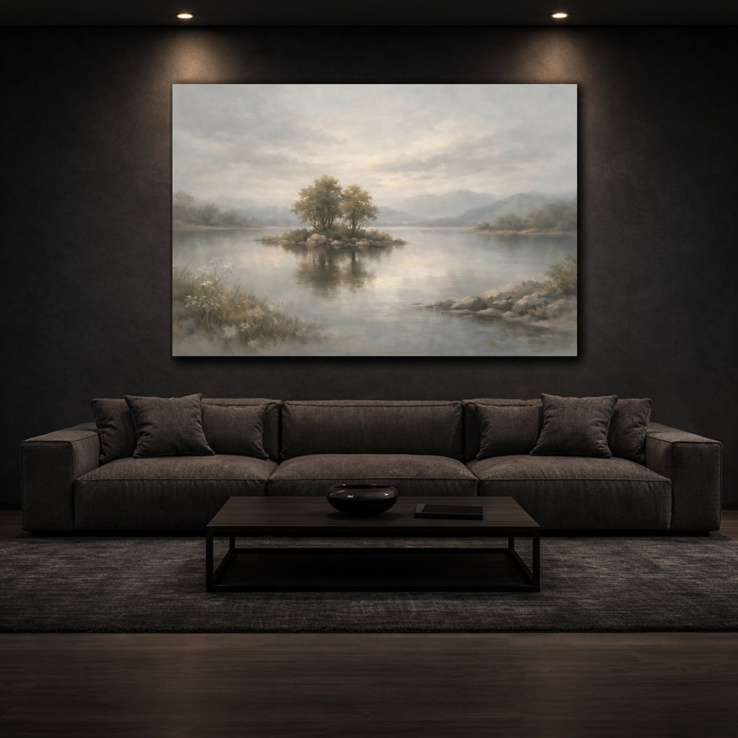 Mockup 2. Nature Lake Island Misty Landscape shown as stretched canvas wall art