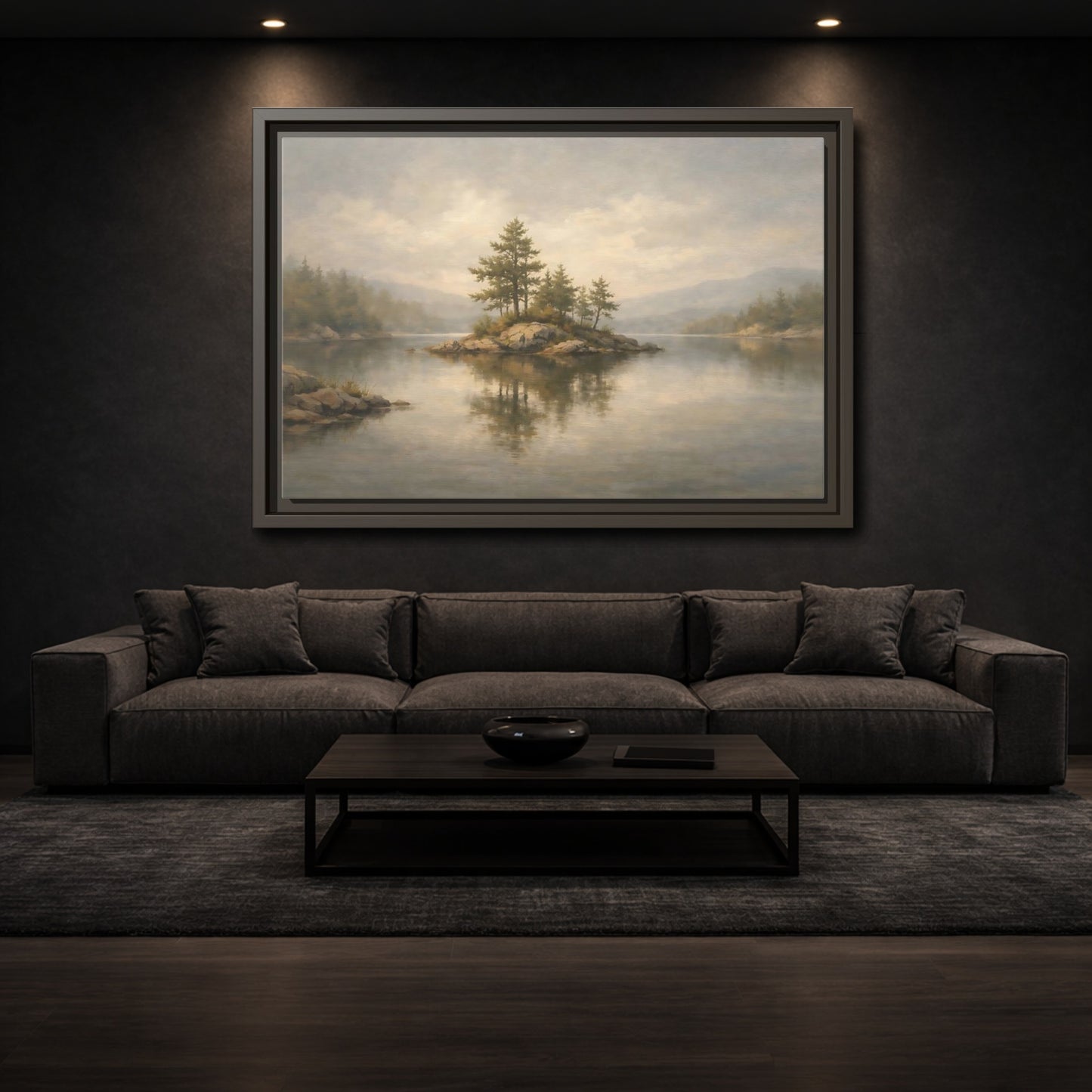 Mockup 2. Nature Lake Island Misty Landscape shown as stretched canvas wall art