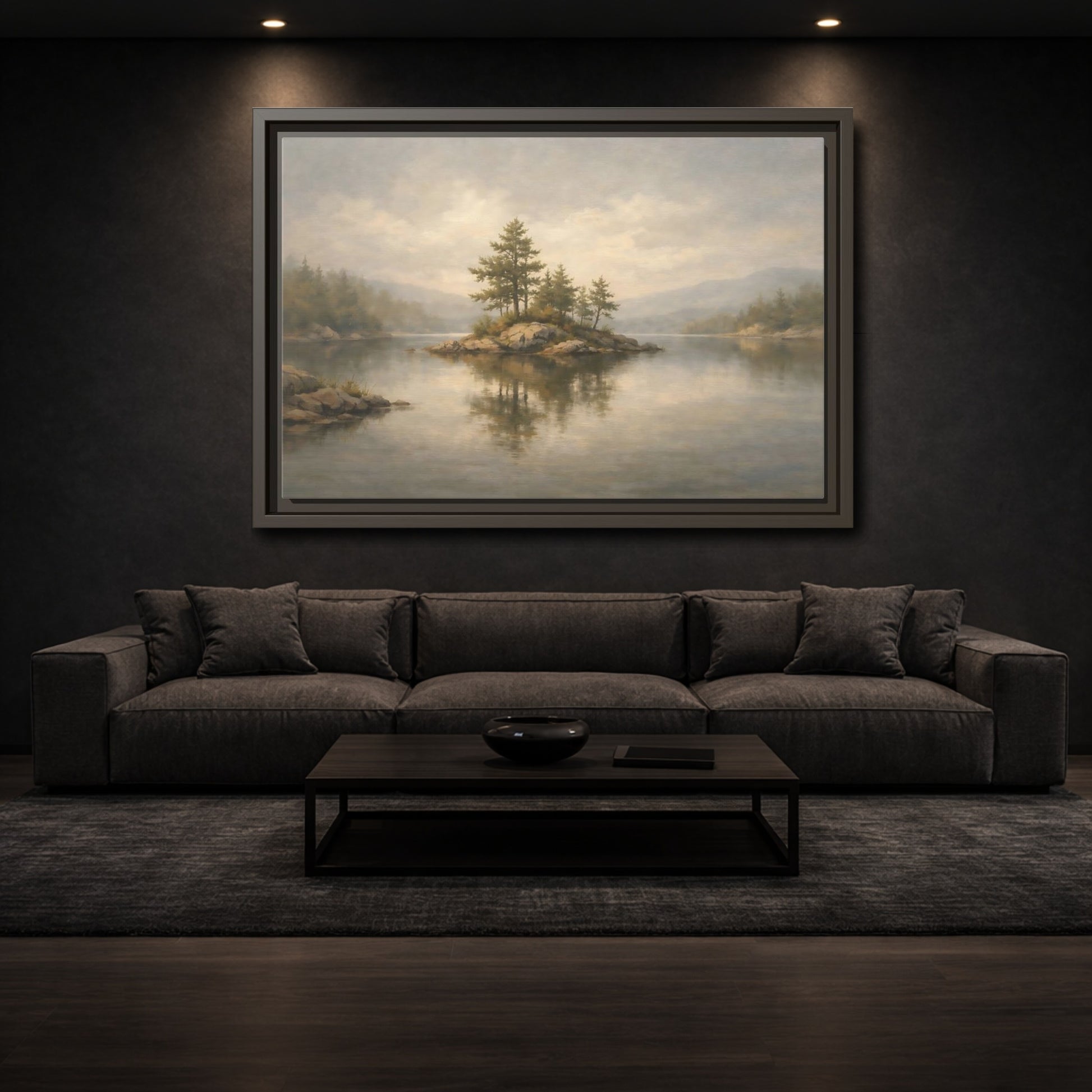 Mockup 2. Nature Lake Island Misty Landscape shown as stretched canvas wall art